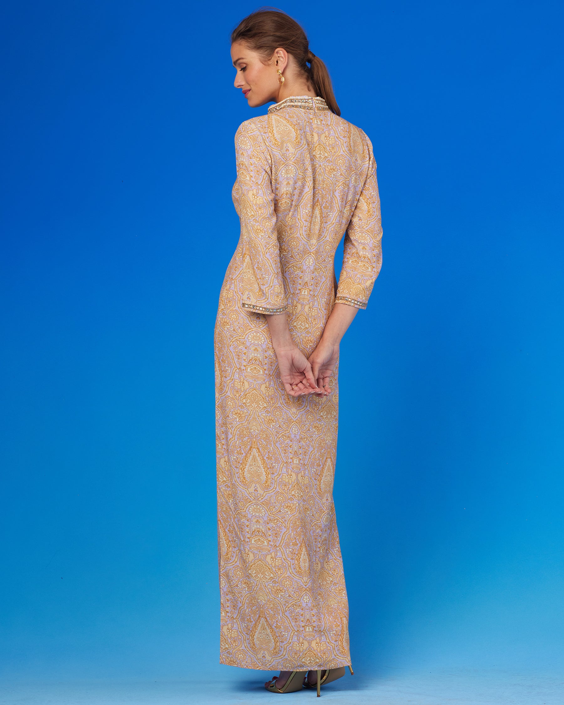 Laetitia Long Dress in Saffron on Lavender with Jewel Embellishment-Back View