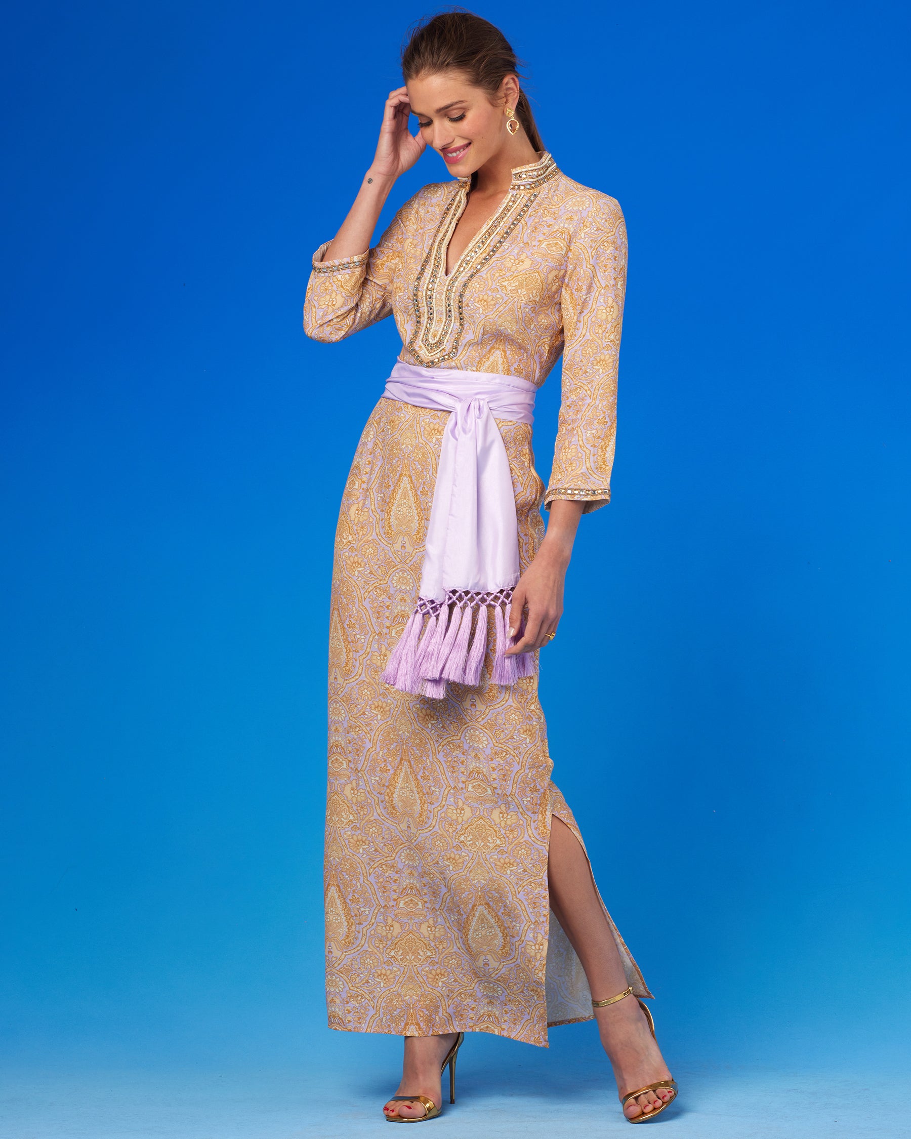Laetitia Long Dress in Saffron on Lavender with Jewel Embellishment-Side View
