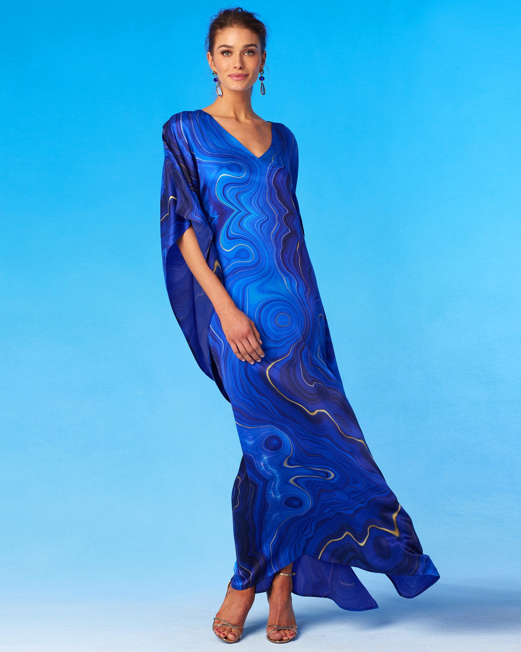 Lavinia Silk Kaftan in Lapis Lazuli Blue-Front View