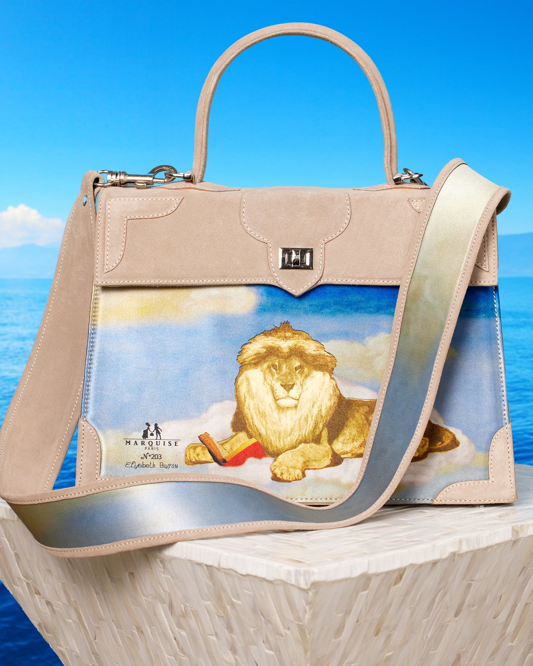 Marquise Marquise Le Lion Top Handle Shoulder Bag in Taupe-Front view with shoulder strap