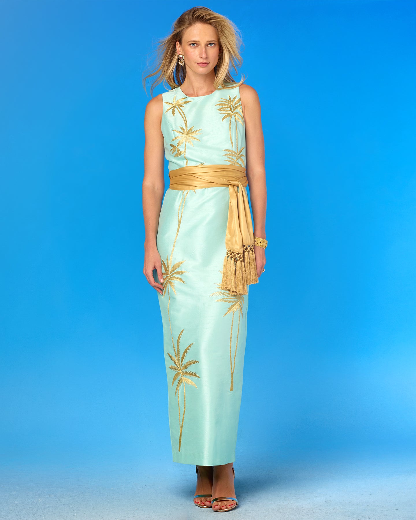 Cosima Sash Belt in Pale Gold Shimmer worn with the Whitney Long Sheath Dress with Palm Embroidery