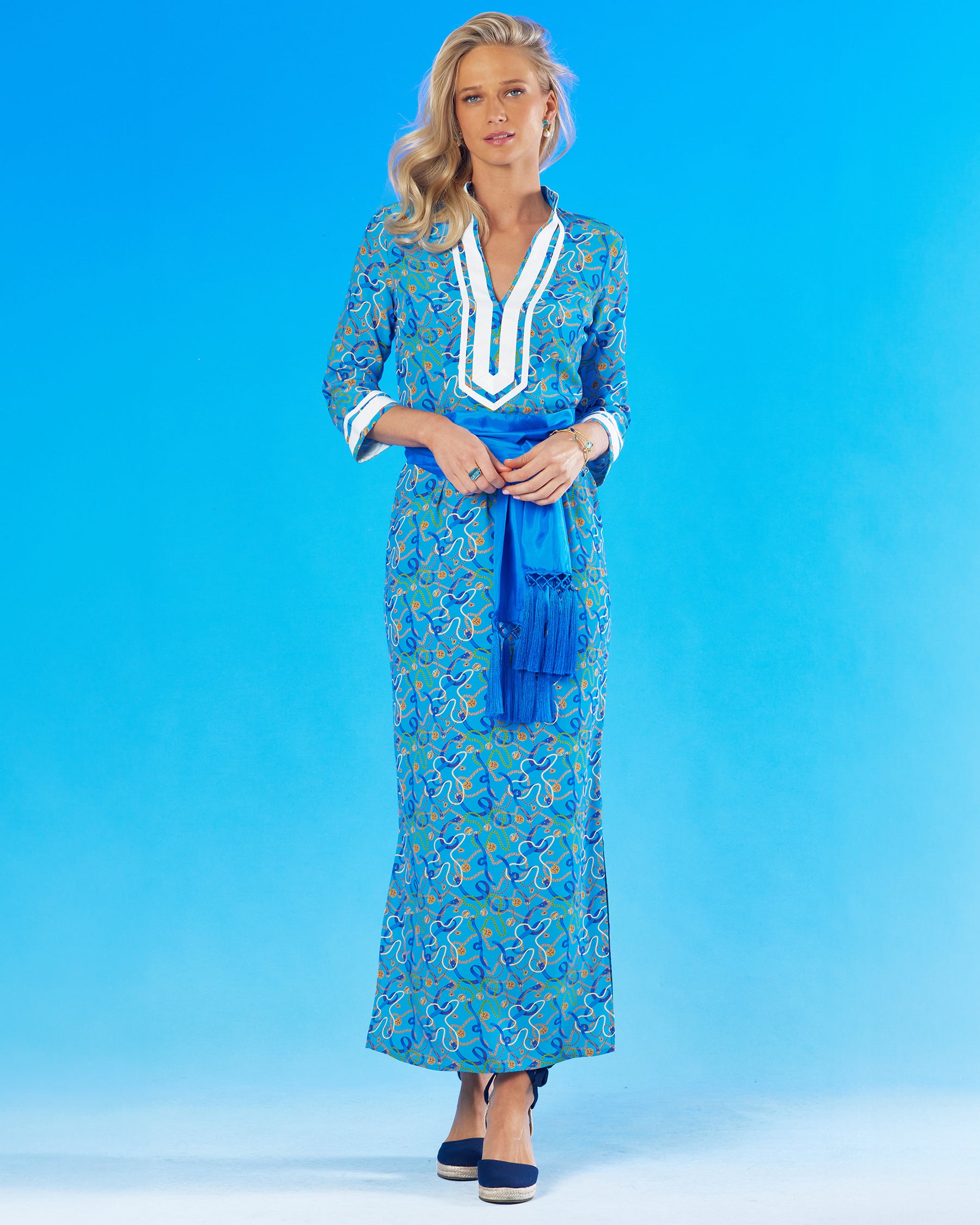 Capri Long Tunic Dress in Nautical Motifs-worn with teh Cosima Sash Belt in Regency Blue