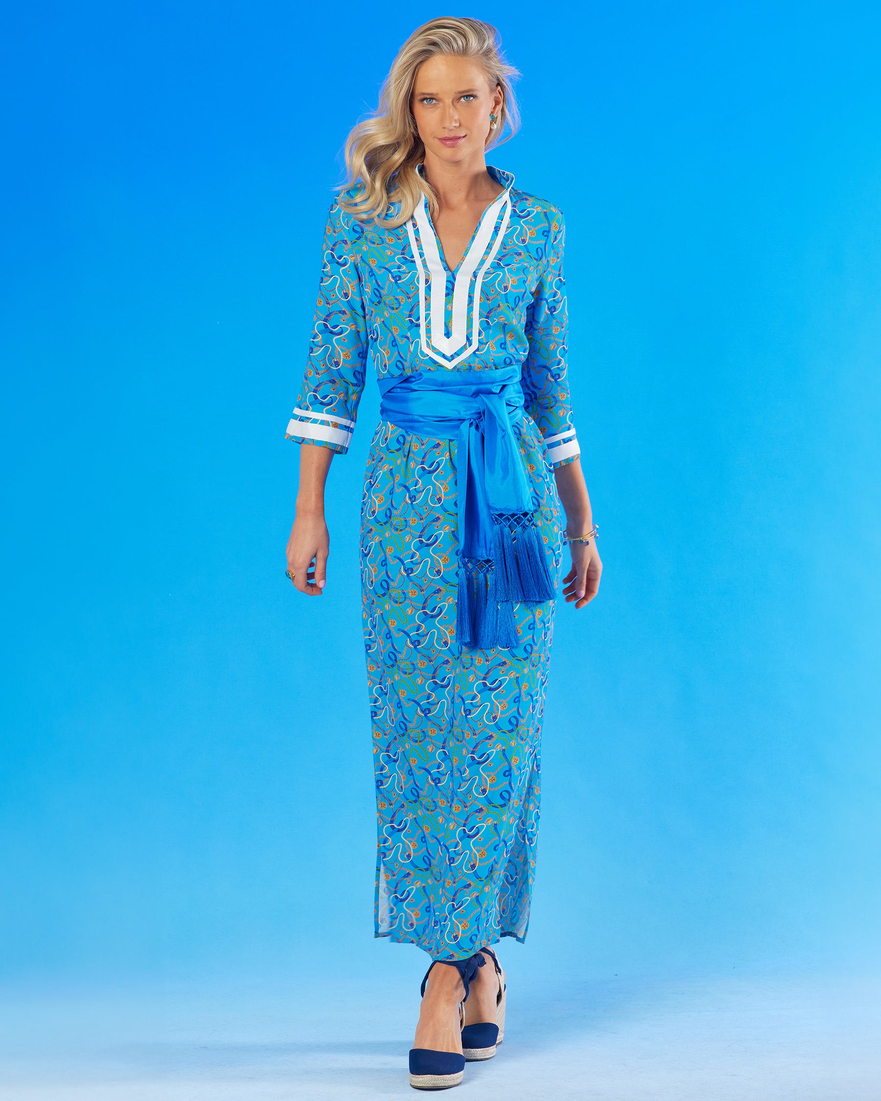 Cosima Sash Belt in Regency Blue worn with the Capri Long Tunic Dress in Nautical Motifs