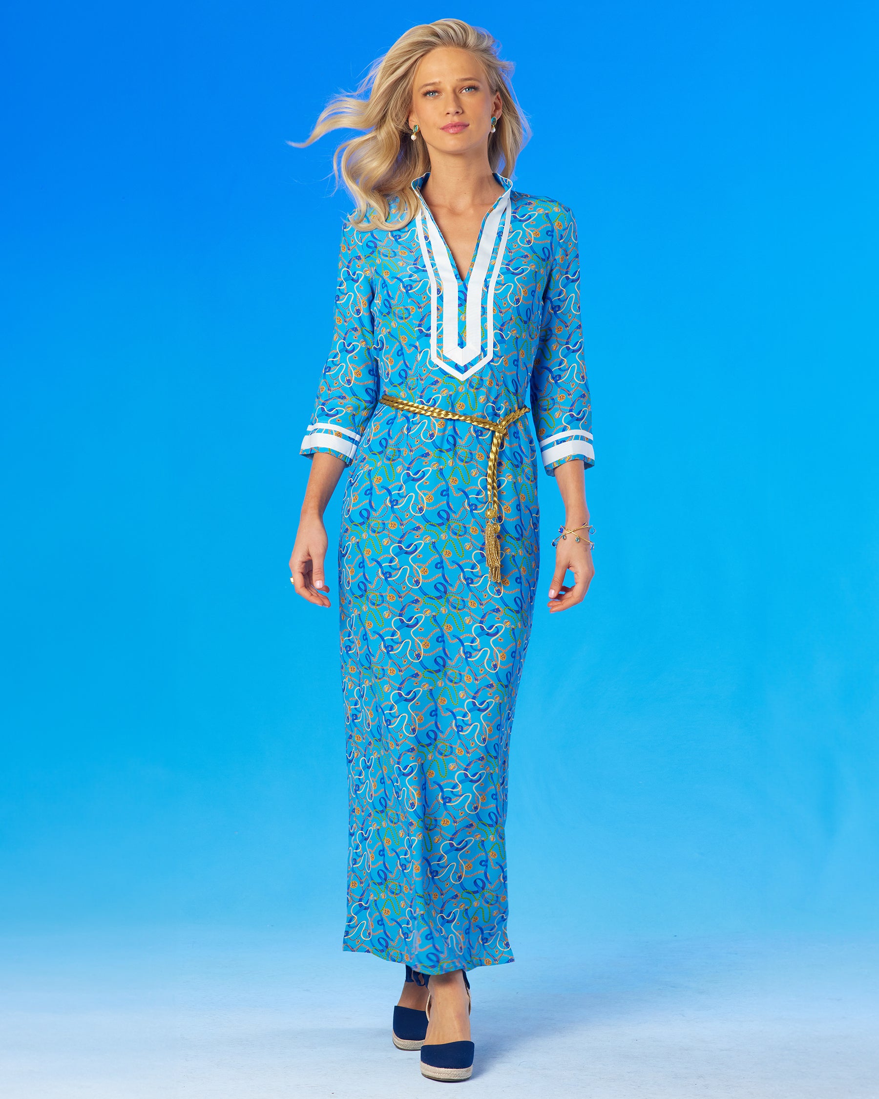 Capri Long Tunic Dress in Nautical Motifs worn with the waist cinched with the Artemis Rope Belt in Gold Beading