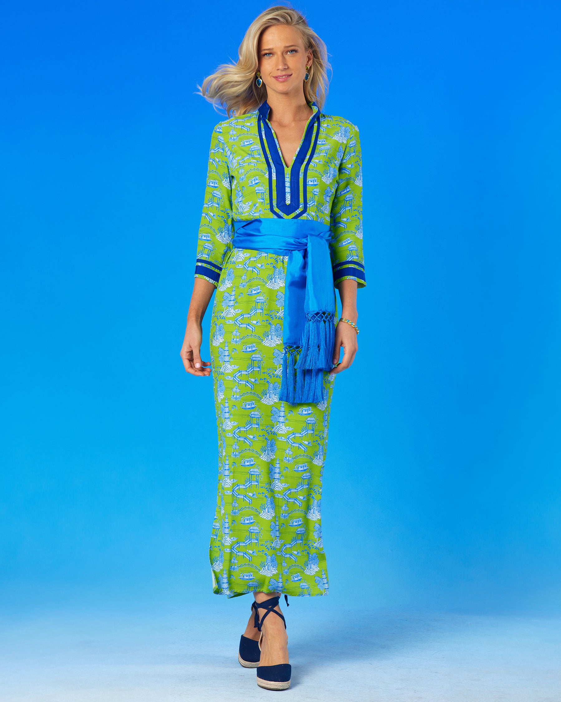Cosima Sash Belt in Regency Blue worn with the Capri Long Tunic Dress in Pagoda Toile