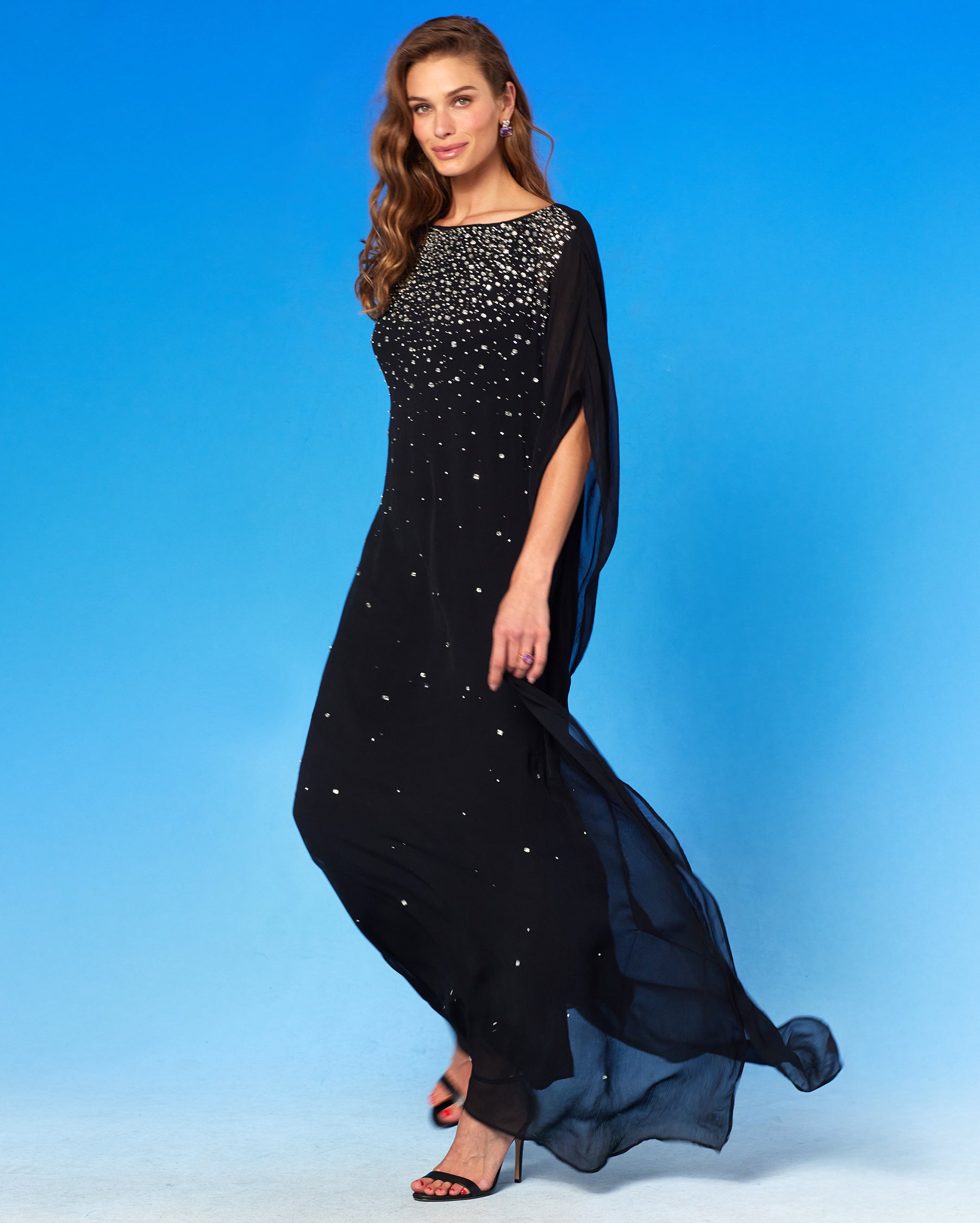 Luna Chiffon Kaftan in Rhinestones and Black side view walking