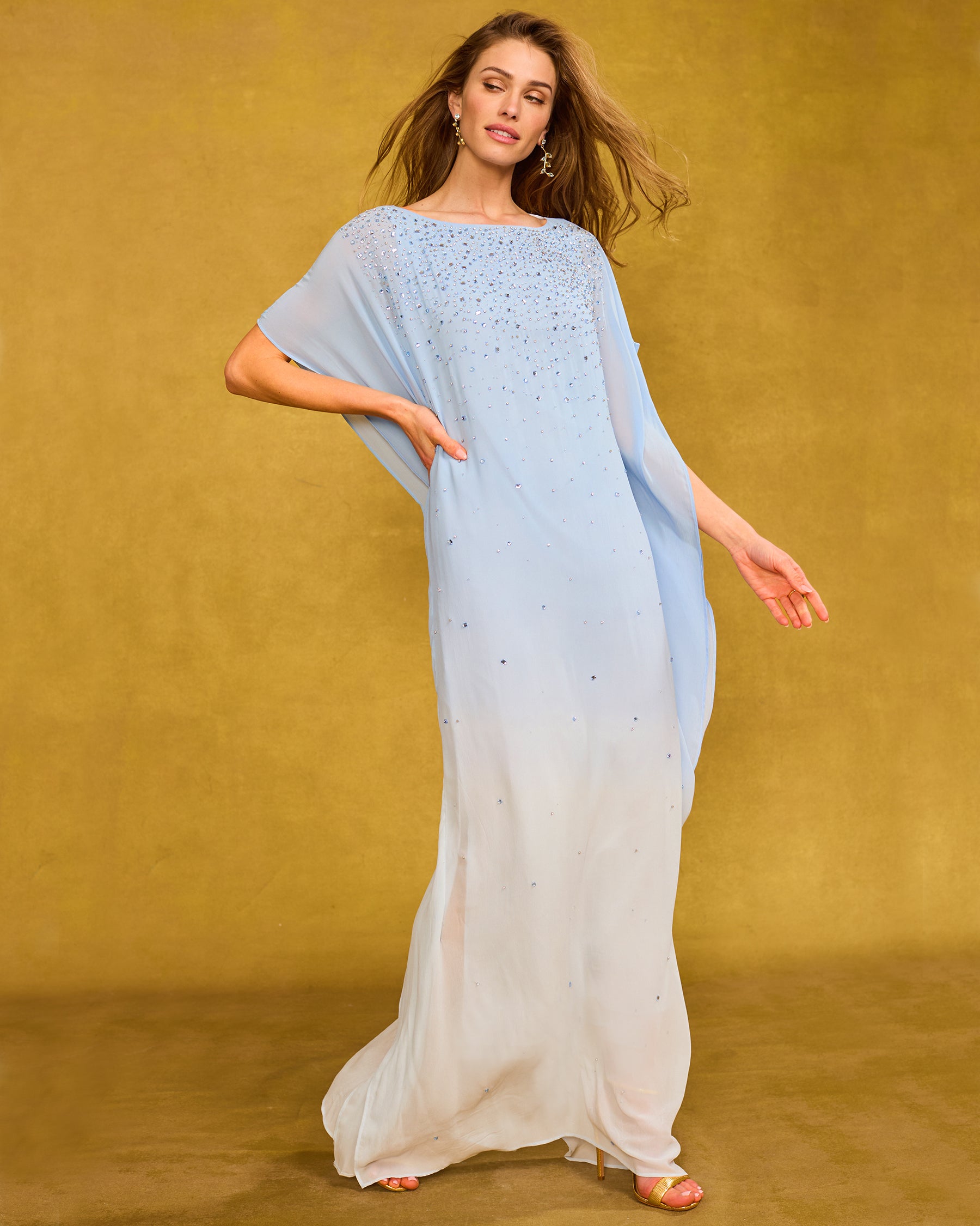 Luna Chiffon Kaftan in Pale Blue Ombre and Embellishment front view