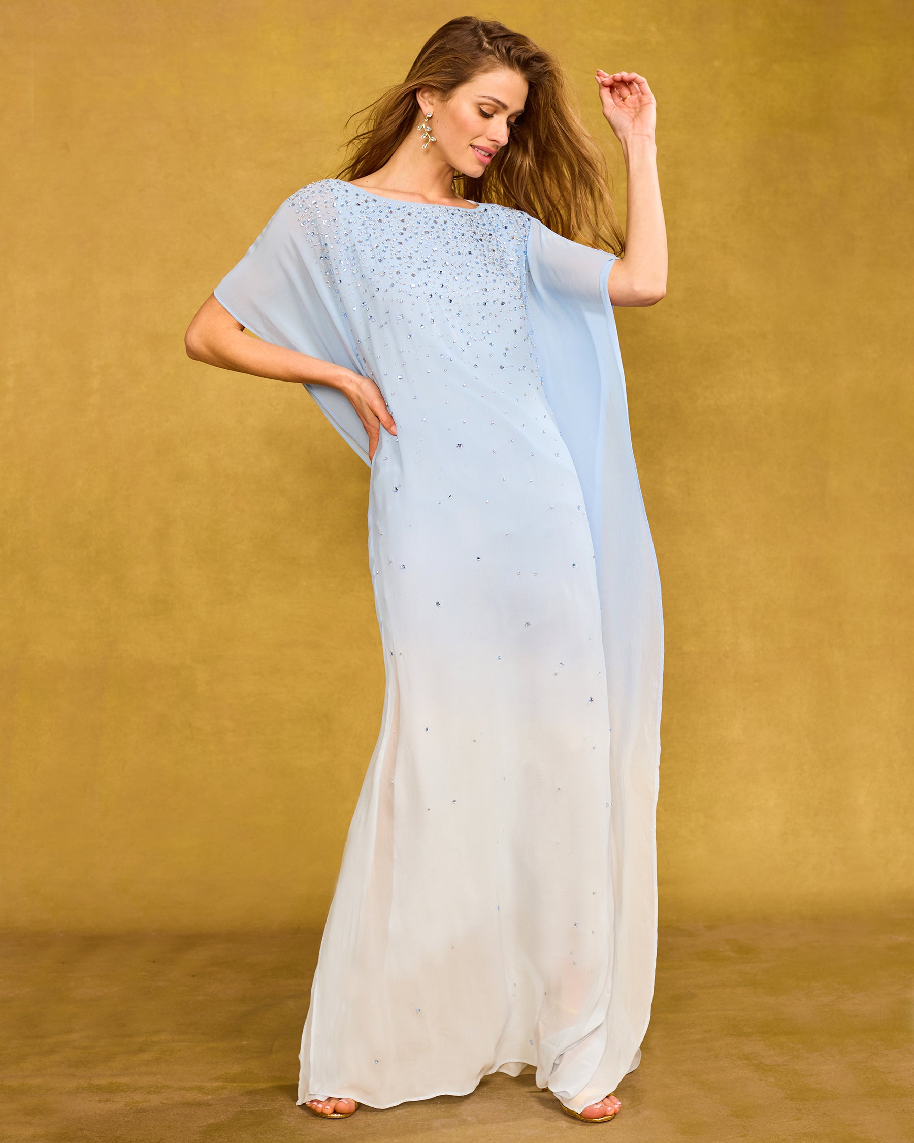 Luna Chiffon Kaftan in Pale Blue Ombre and Embellishment looking down