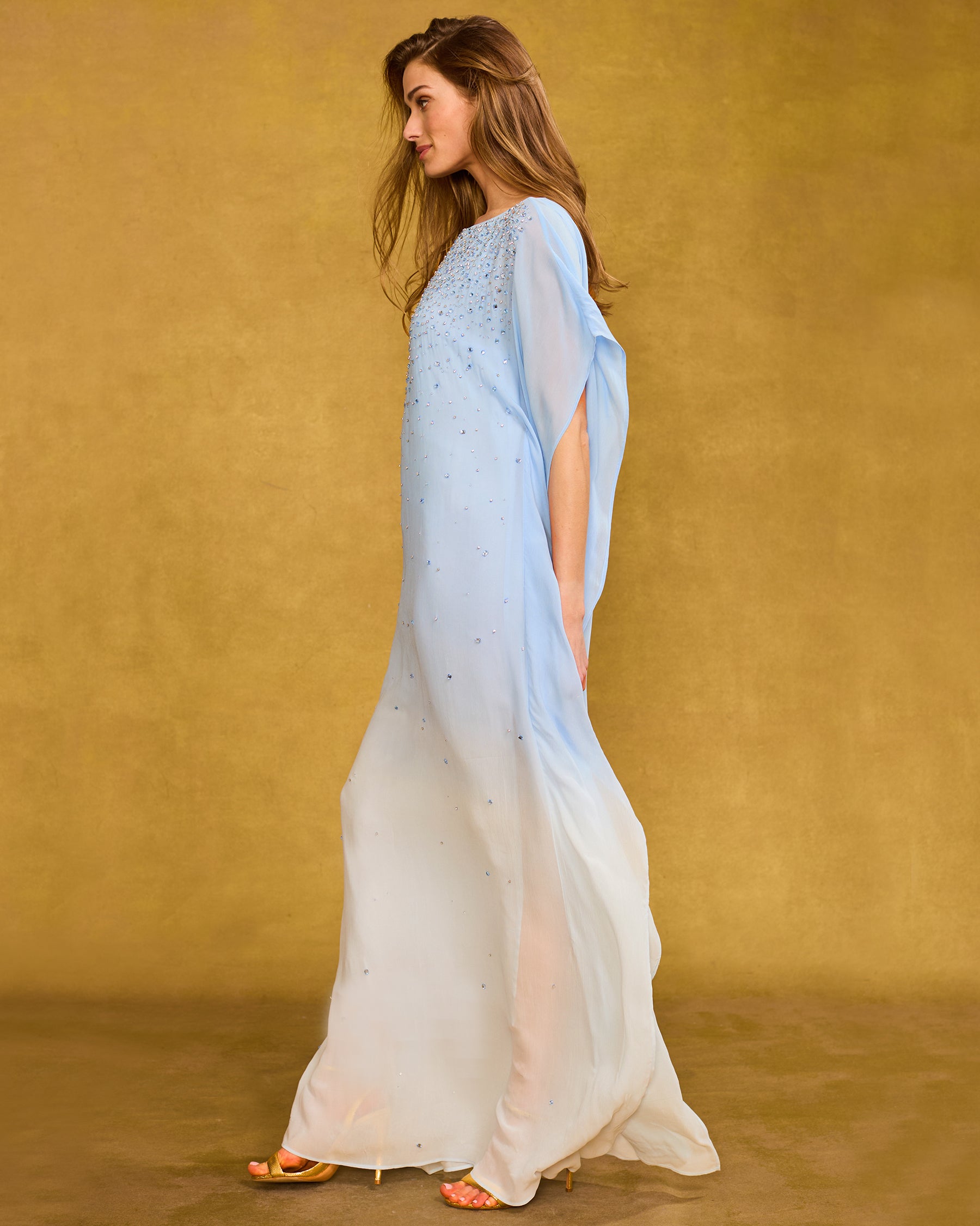 Luna Chiffon Kaftan in Pale Blue Ombre and Embellishment side view