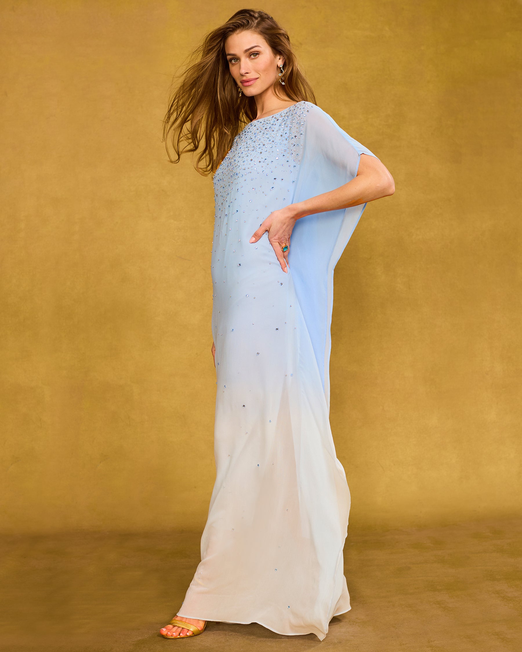 Luna Chiffon Kaftan in Pale Blue Ombre and Embellishment side view