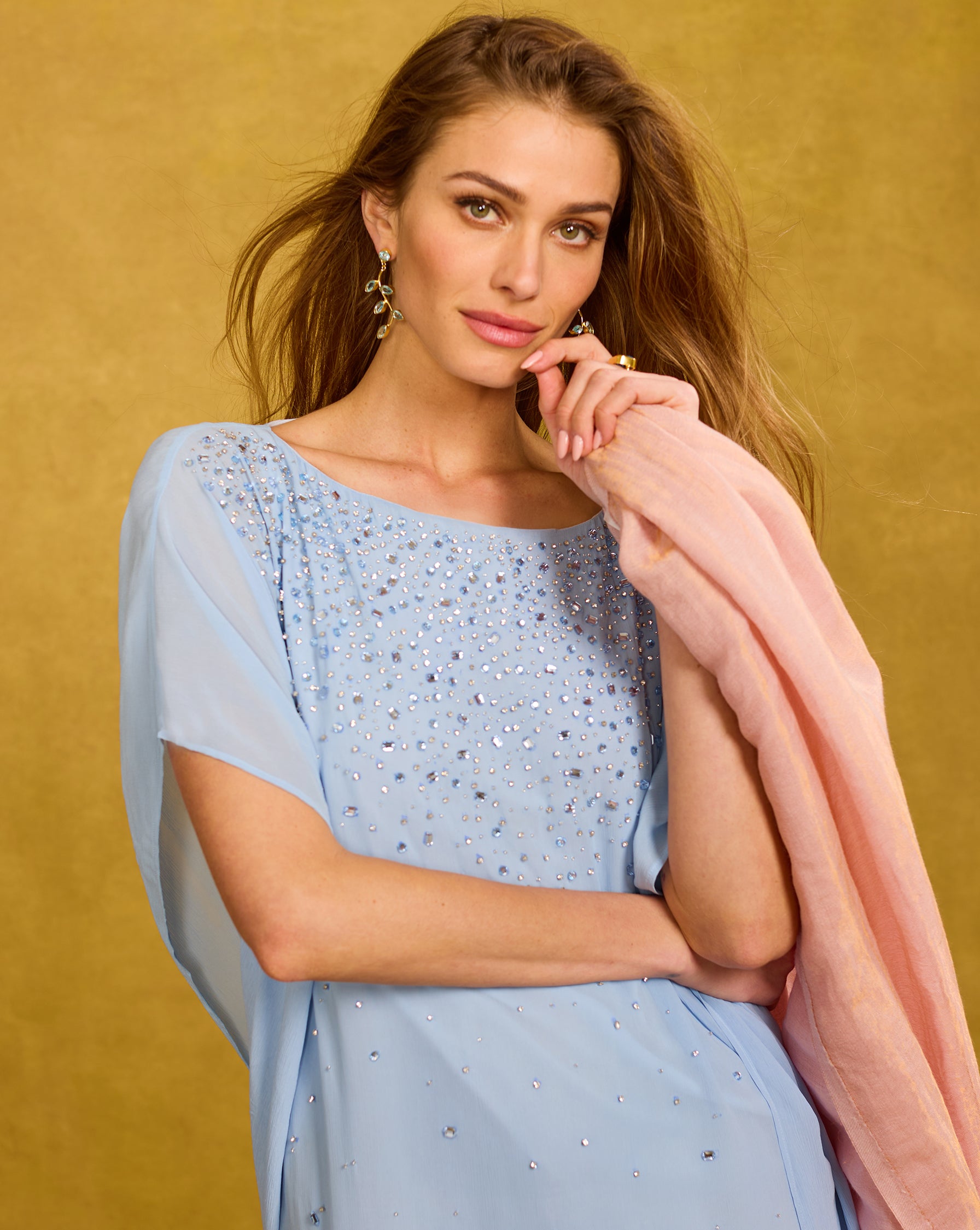 Luna Chiffon Kaftan in Pale Blue Ombre and Embellishment portrait with the pashmina shawl