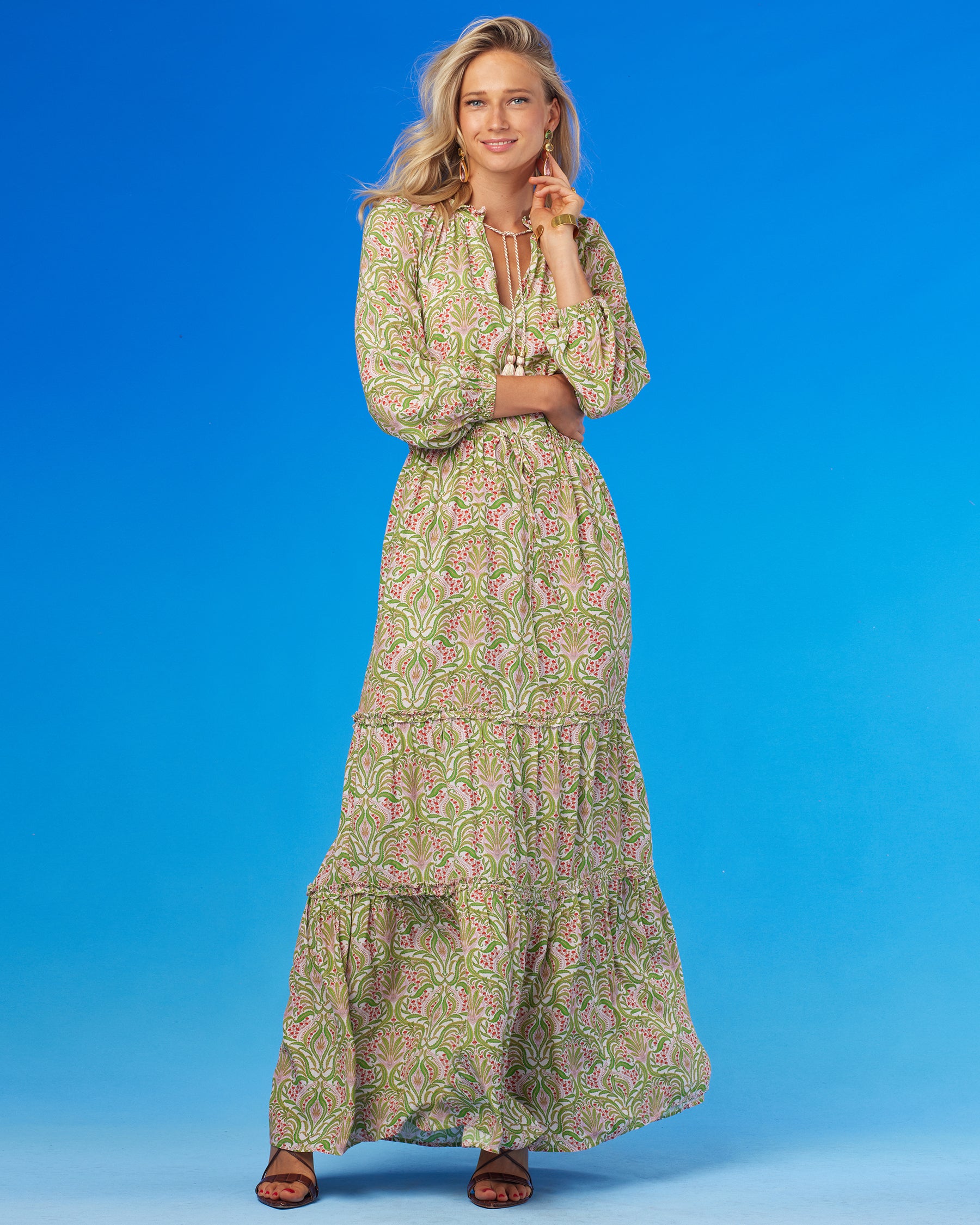 Mackenzie Ruffle Drawstring Maxi Dress in Delicate Ferns-Portrait-Front View