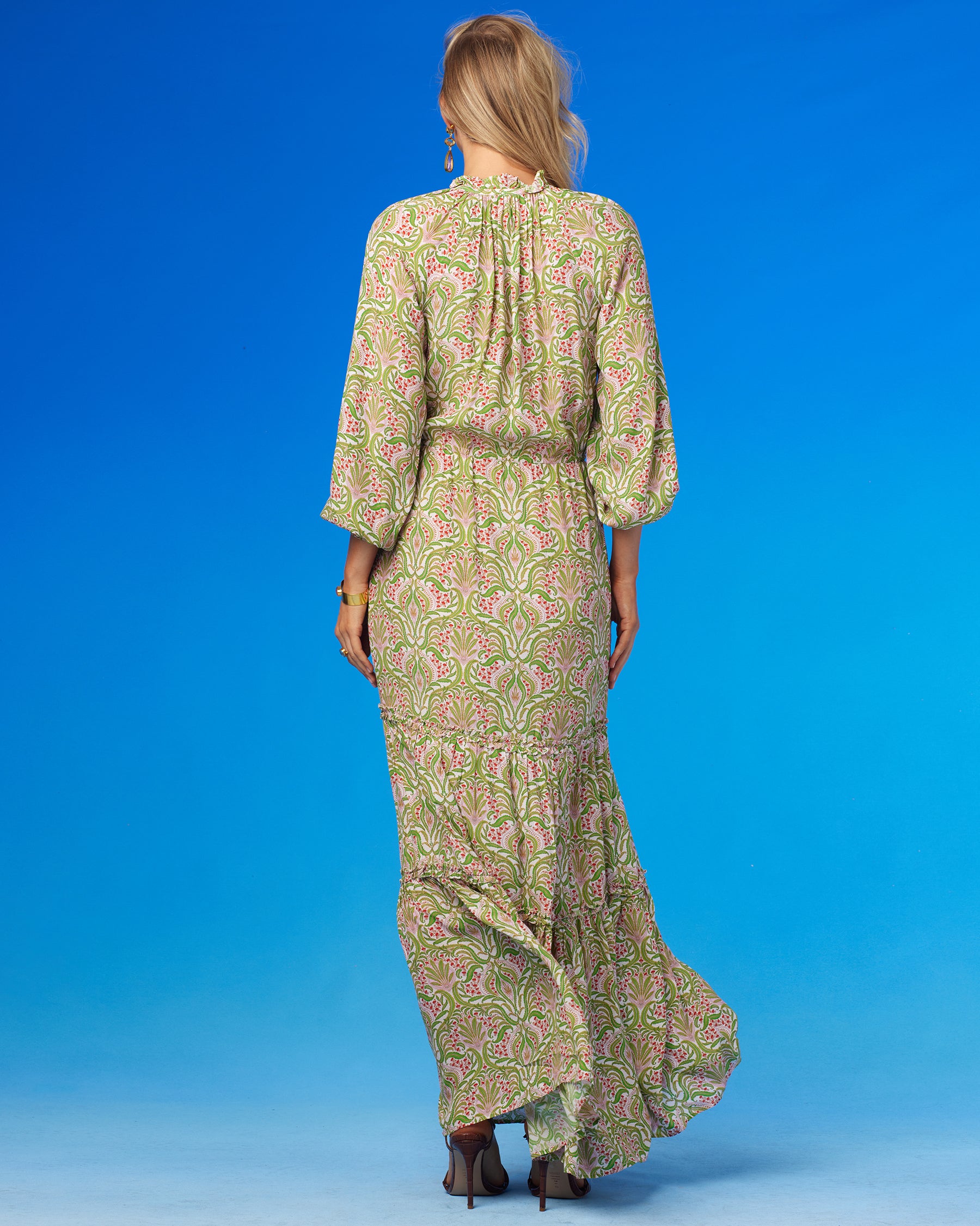 Mackenzie Ruffle Drawstring Maxi Dress in Delicate Ferns-Back View