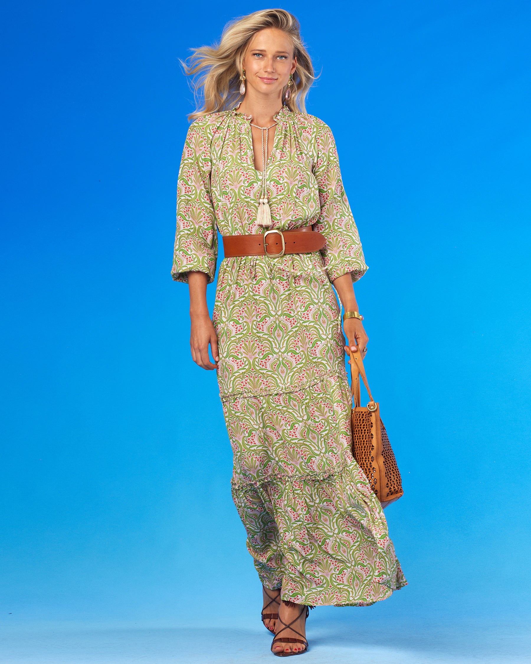 Mackenzie Ruffle Drawstring Maxi Dress in Delicate Ferns
