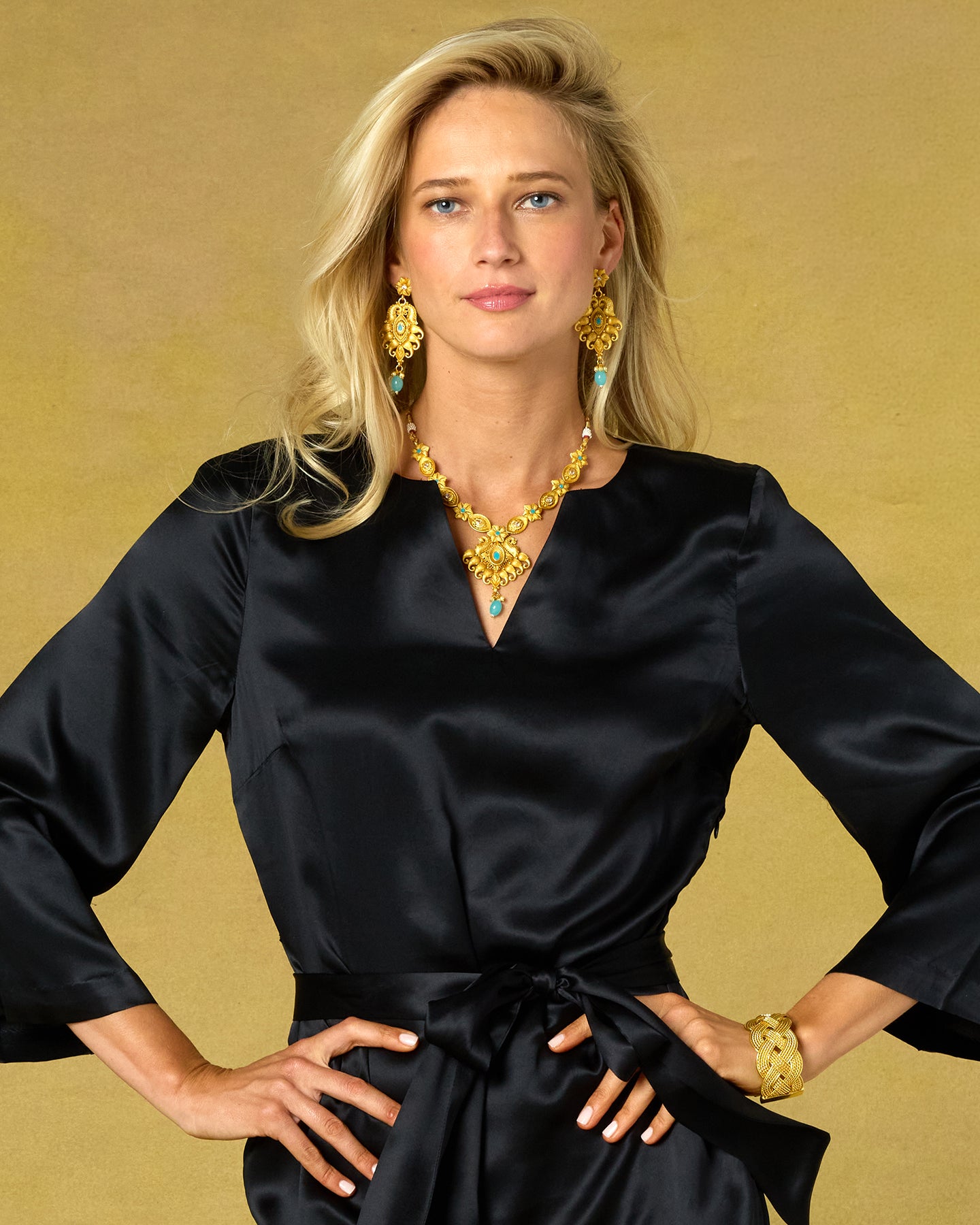 The Aria Necklace in Gold Plated Filigree and Aquamarine worn with the Majorelle Silk Dress in Black