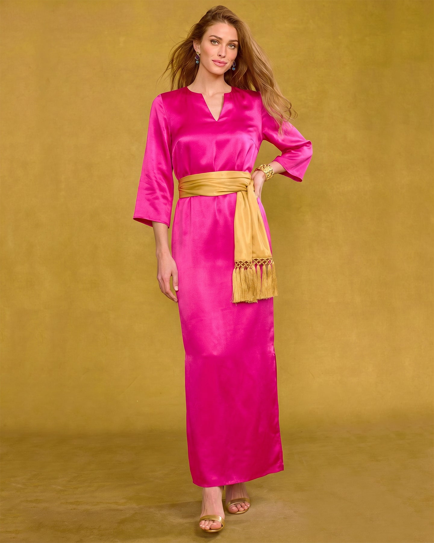 Majorelle Silk Dress in Majorelle Silk Dress in Fuchsia worn with the Cosima Sash Belt