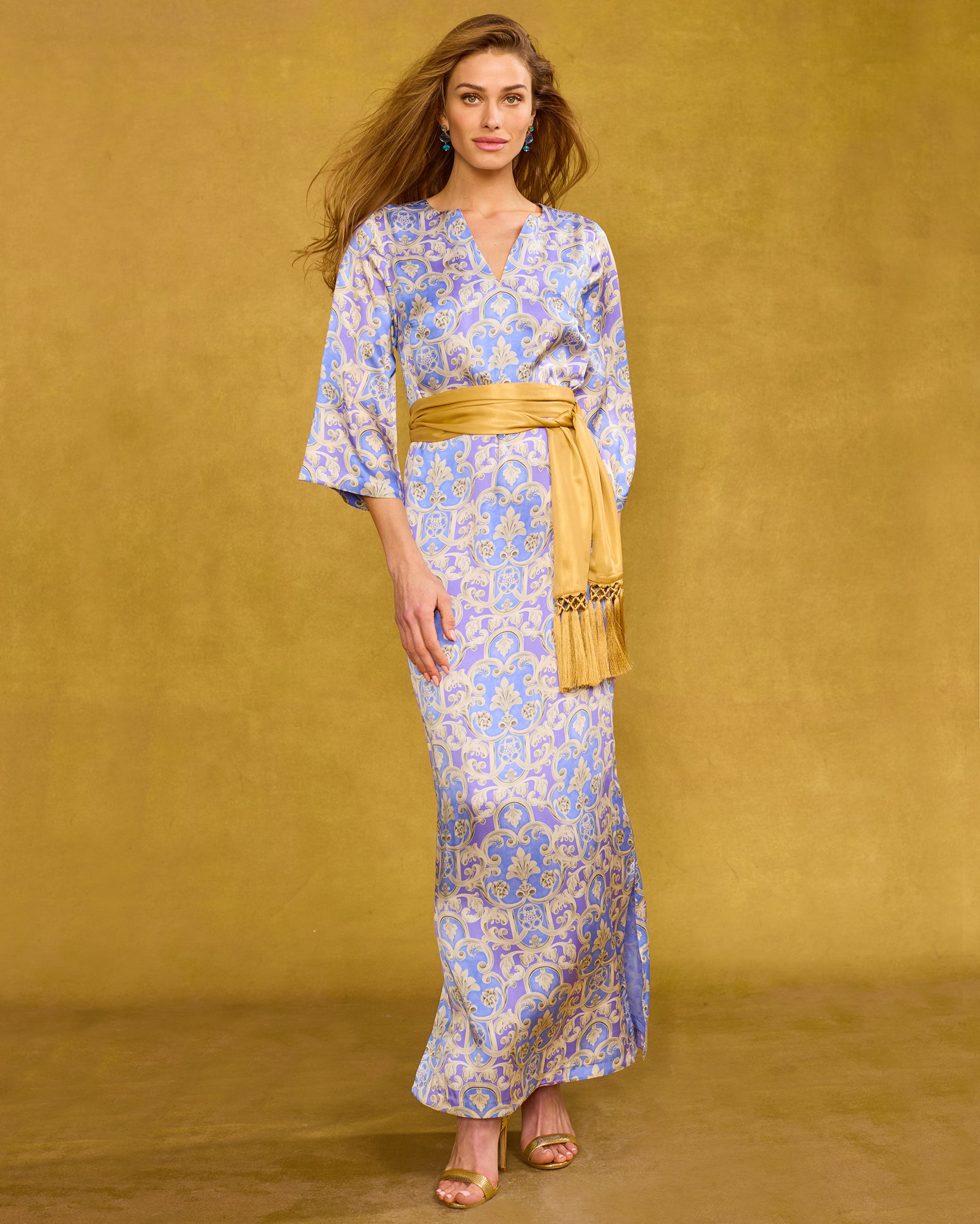 Cosima Sash Belt in Pale Gold Shimmer worn with the Majorelle Silk Dress in Lavender Baroque Floral