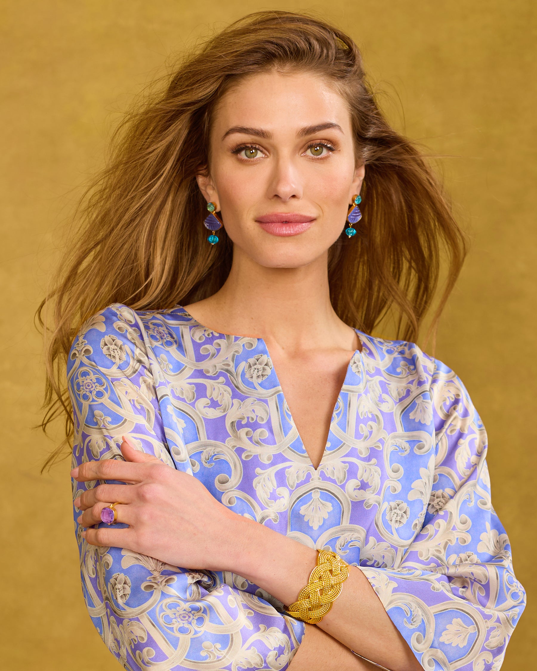 Piper Nautical Rope Cuff Bracelet worn with the Majorelle Silk Dress in Lavender Baroque Floral