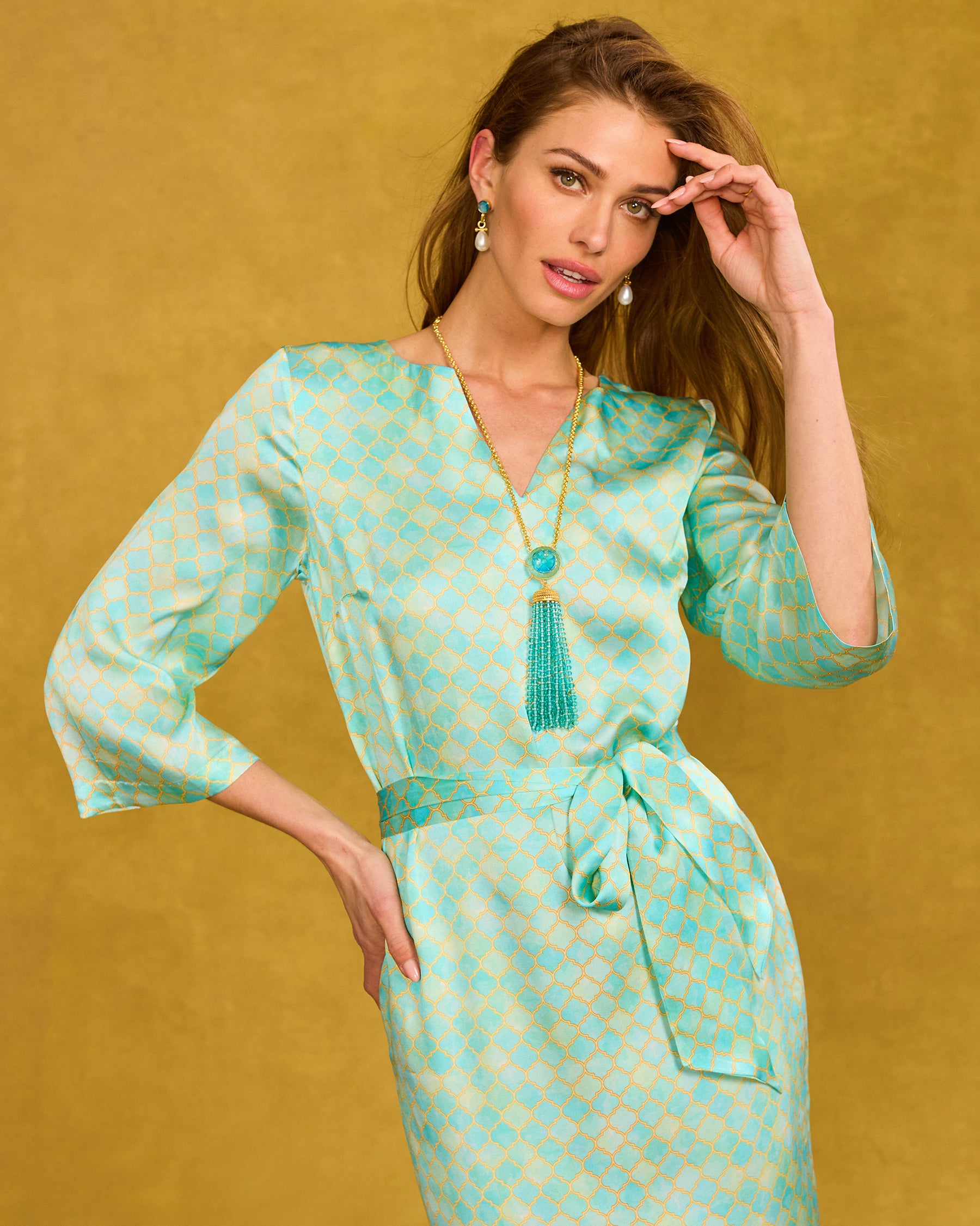 Majorelle Silk Dress in Mint Julep Alhambra portrait