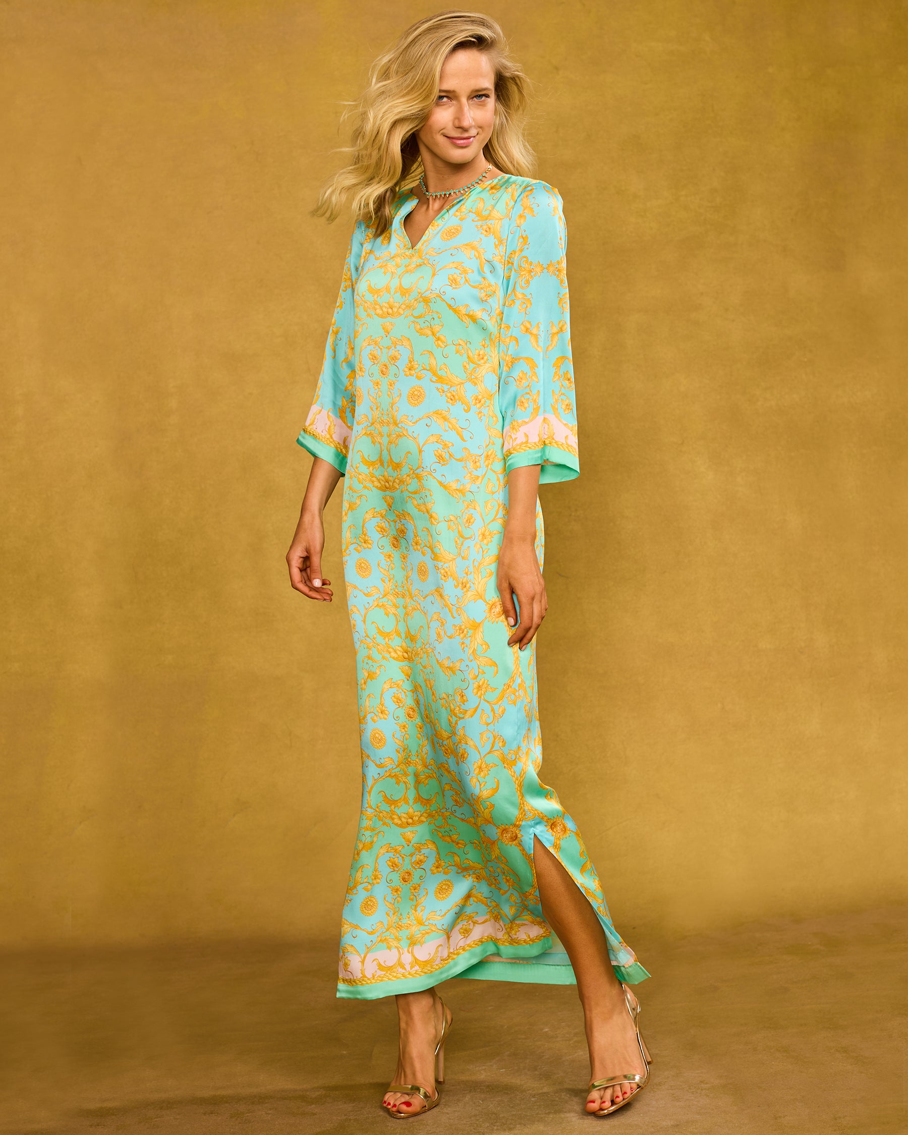 Majorelle Silk Dress in Pastel Rococo Print side view