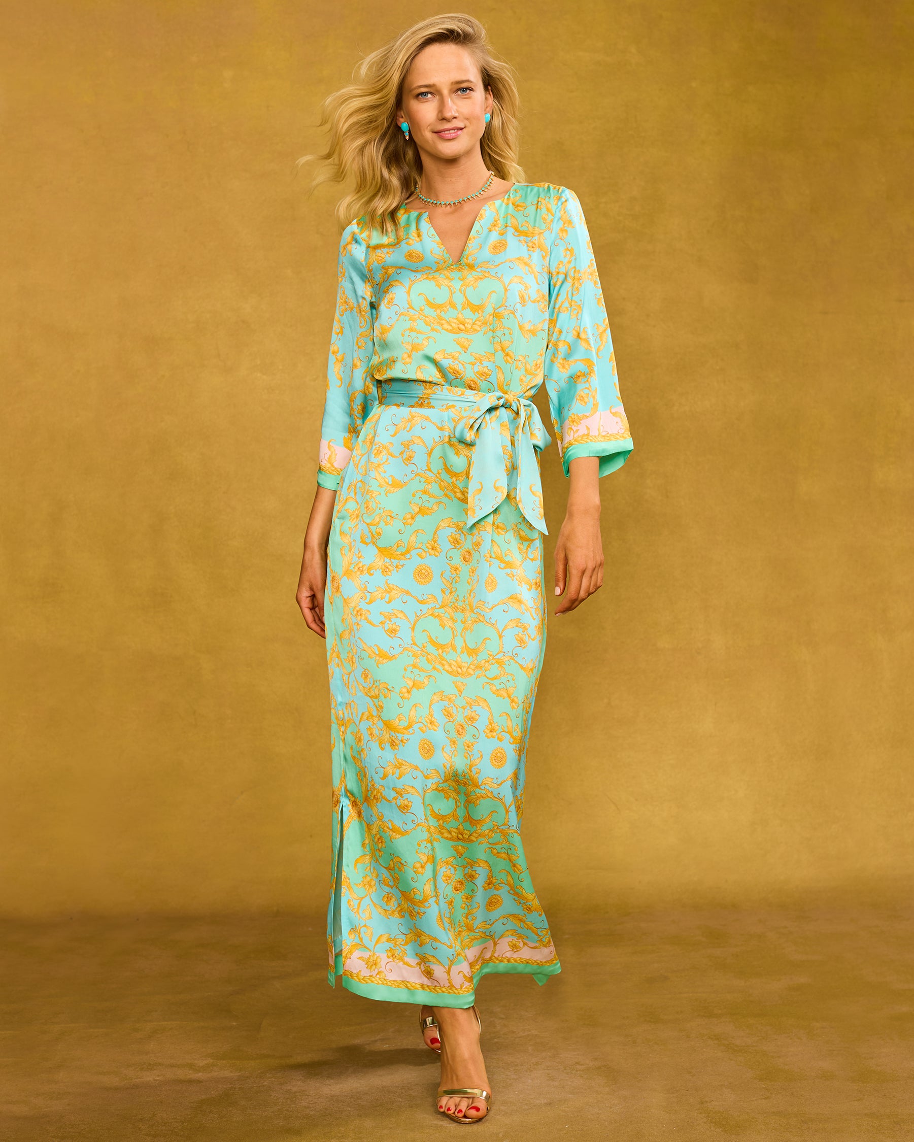 Majorelle Silk Dress in Pastel Rococo Print with self belt walking