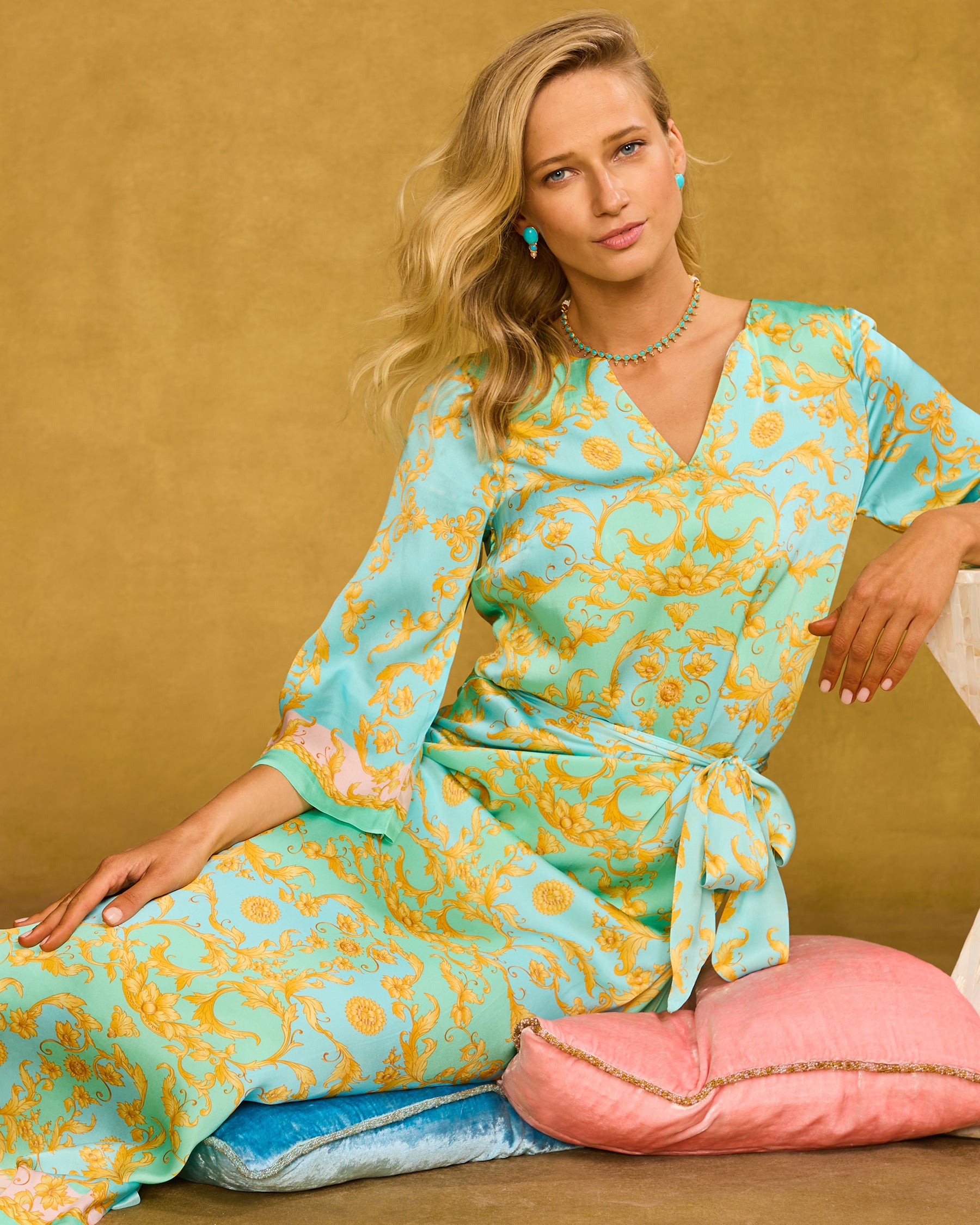 Majorelle Silk Dress in Pastel Rococo Print sitting