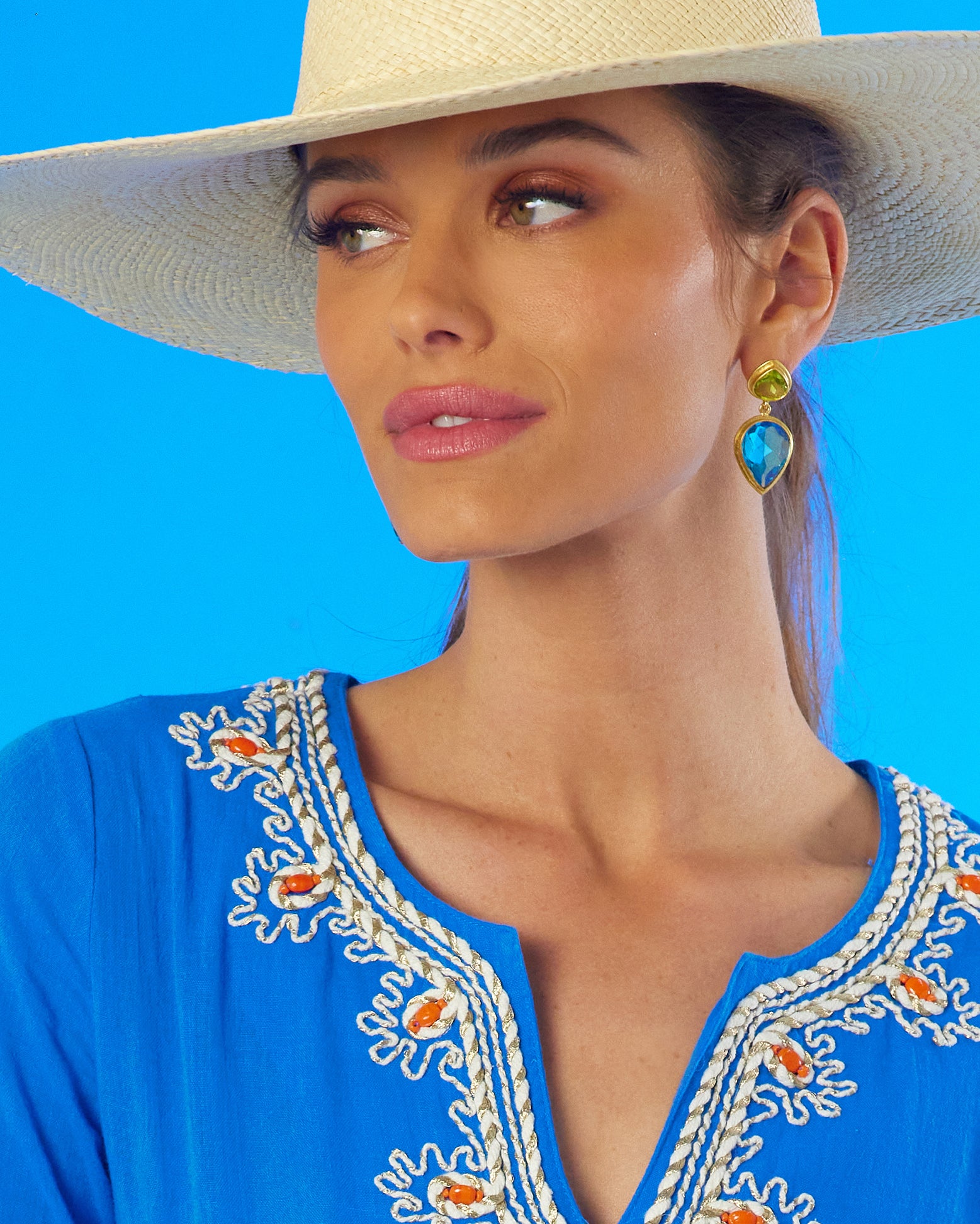 Hadley Tear Drop Earrings in Lime Green and Radiant Blue worn with the Mallorca Tunic in Cobalt Blue