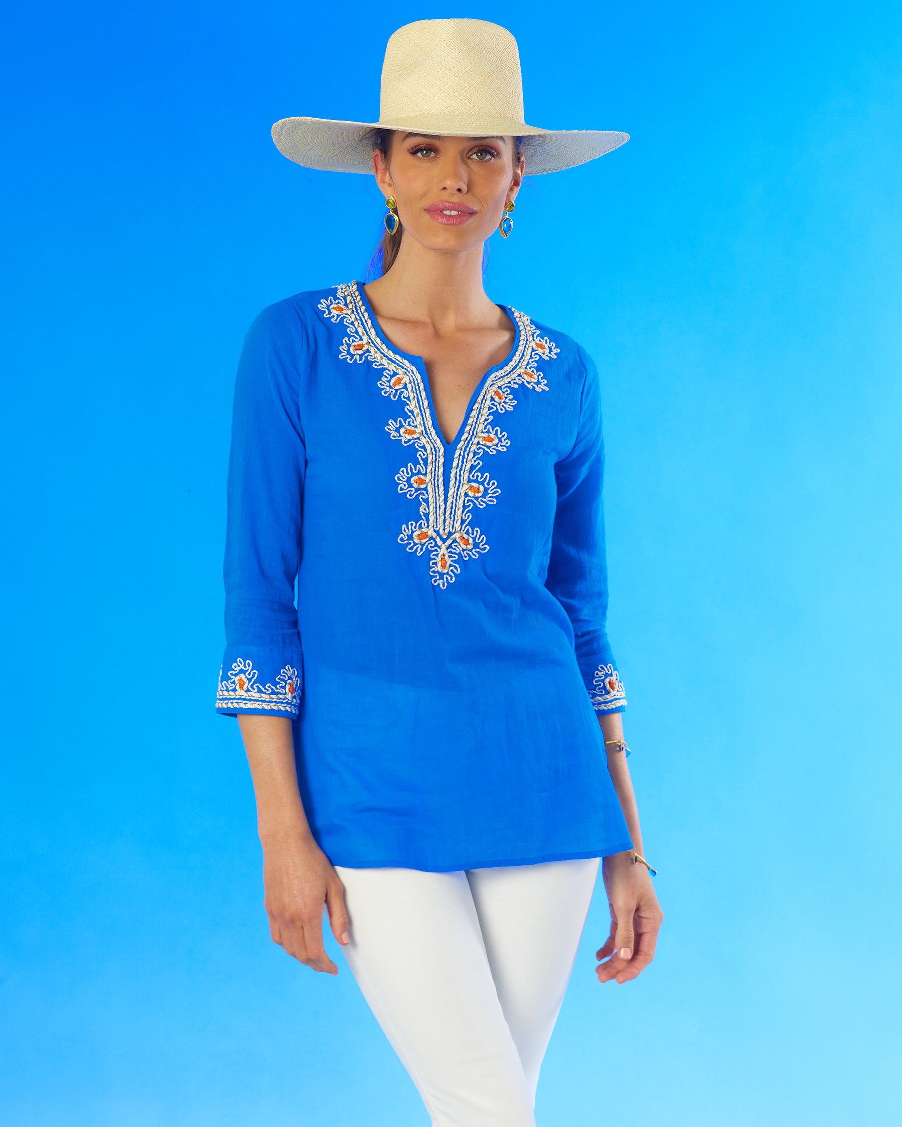 Mallorca Tunic with Coral Embellishment-Full Frontal View