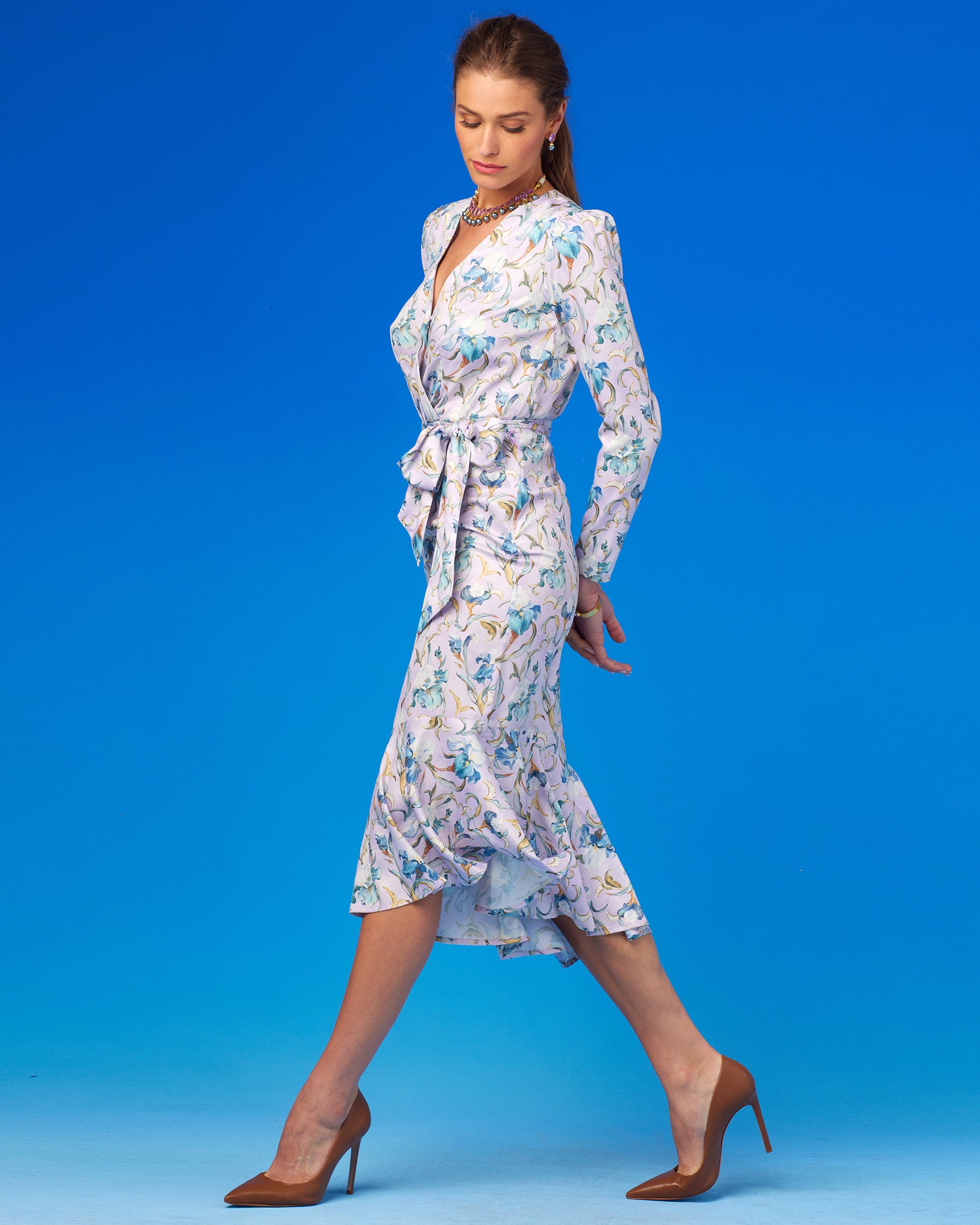 Marielle Midi Ruffle Dress in Lavender Iris-Side view walking
