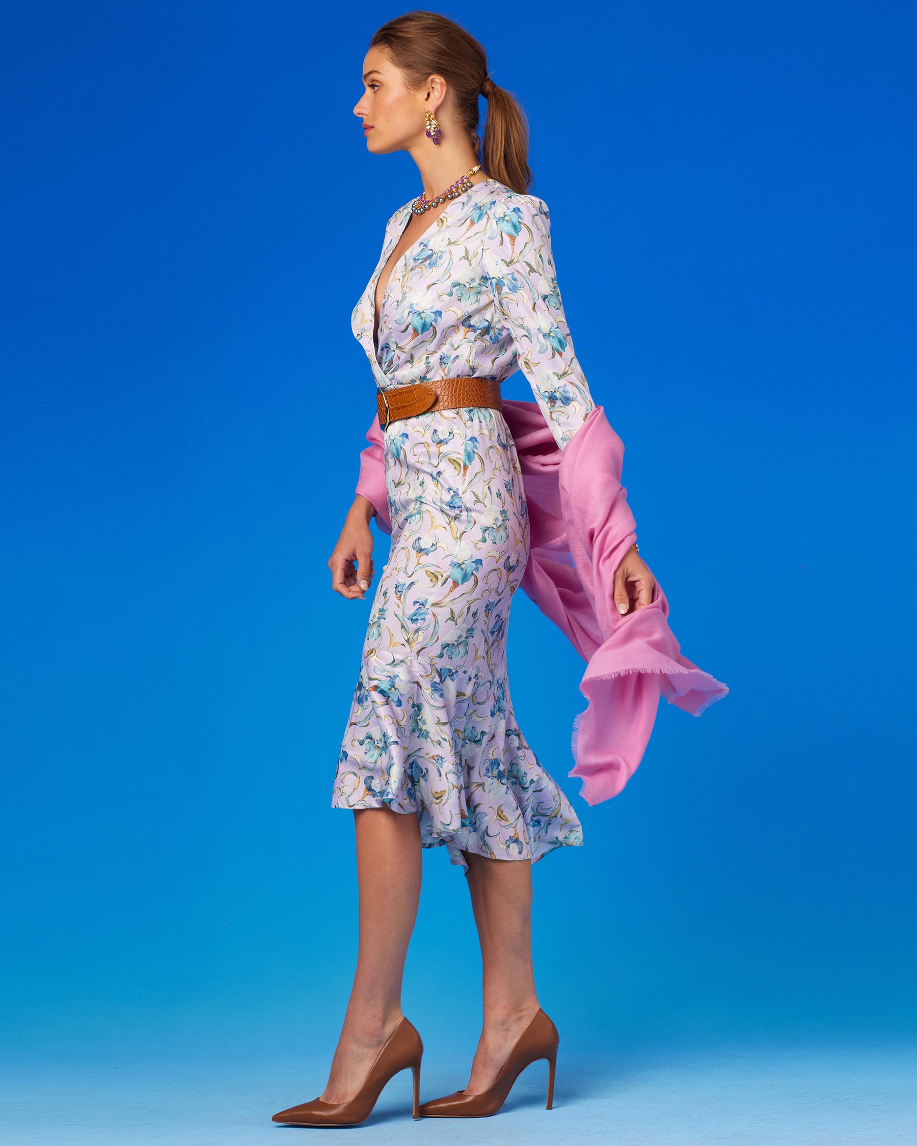 Marielle Midi Ruffle Dress in Lavender Iris-Side View