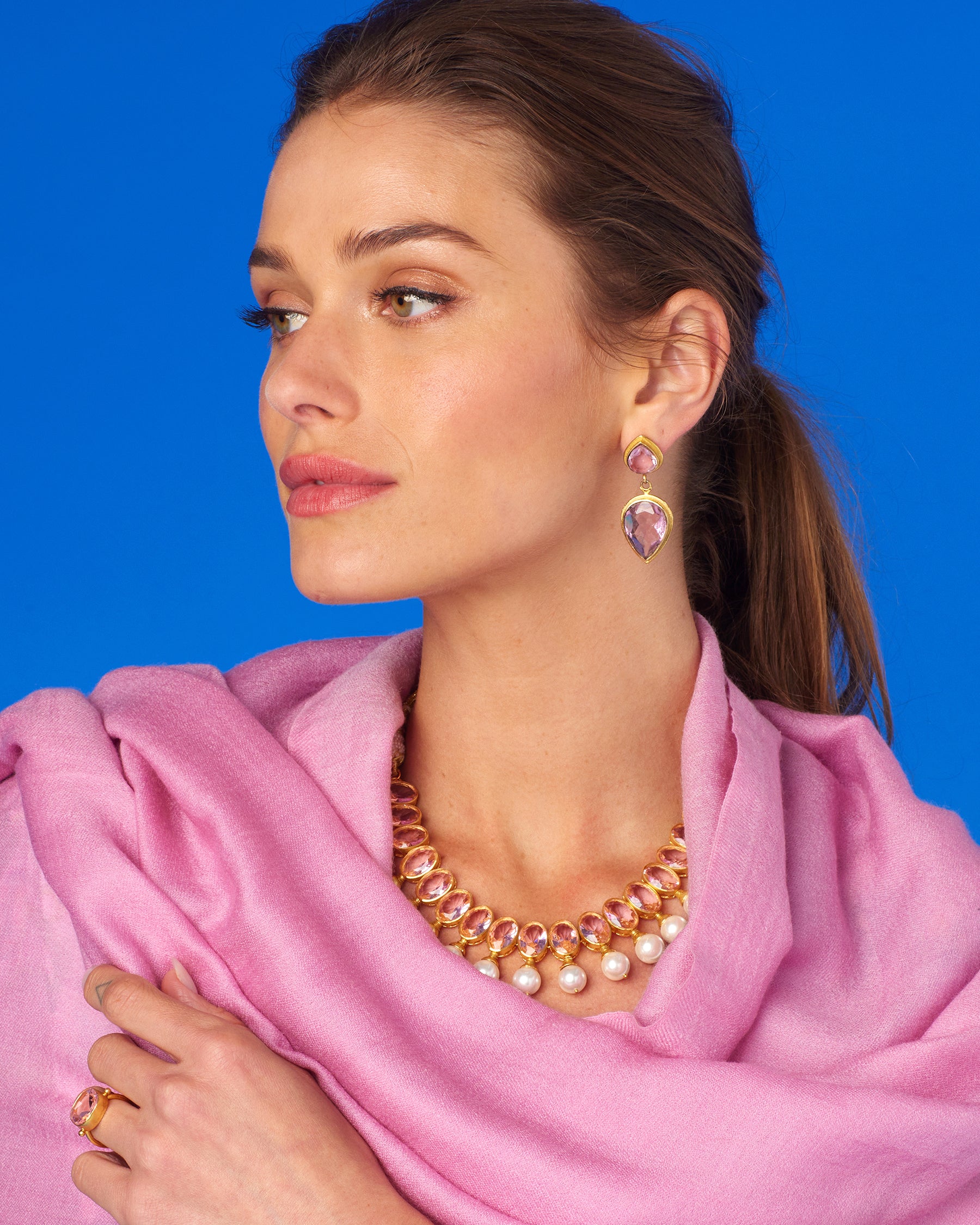 Hadley Tear Drop Earrings in Crystal Rose-Worn with the Pashmina Shawl