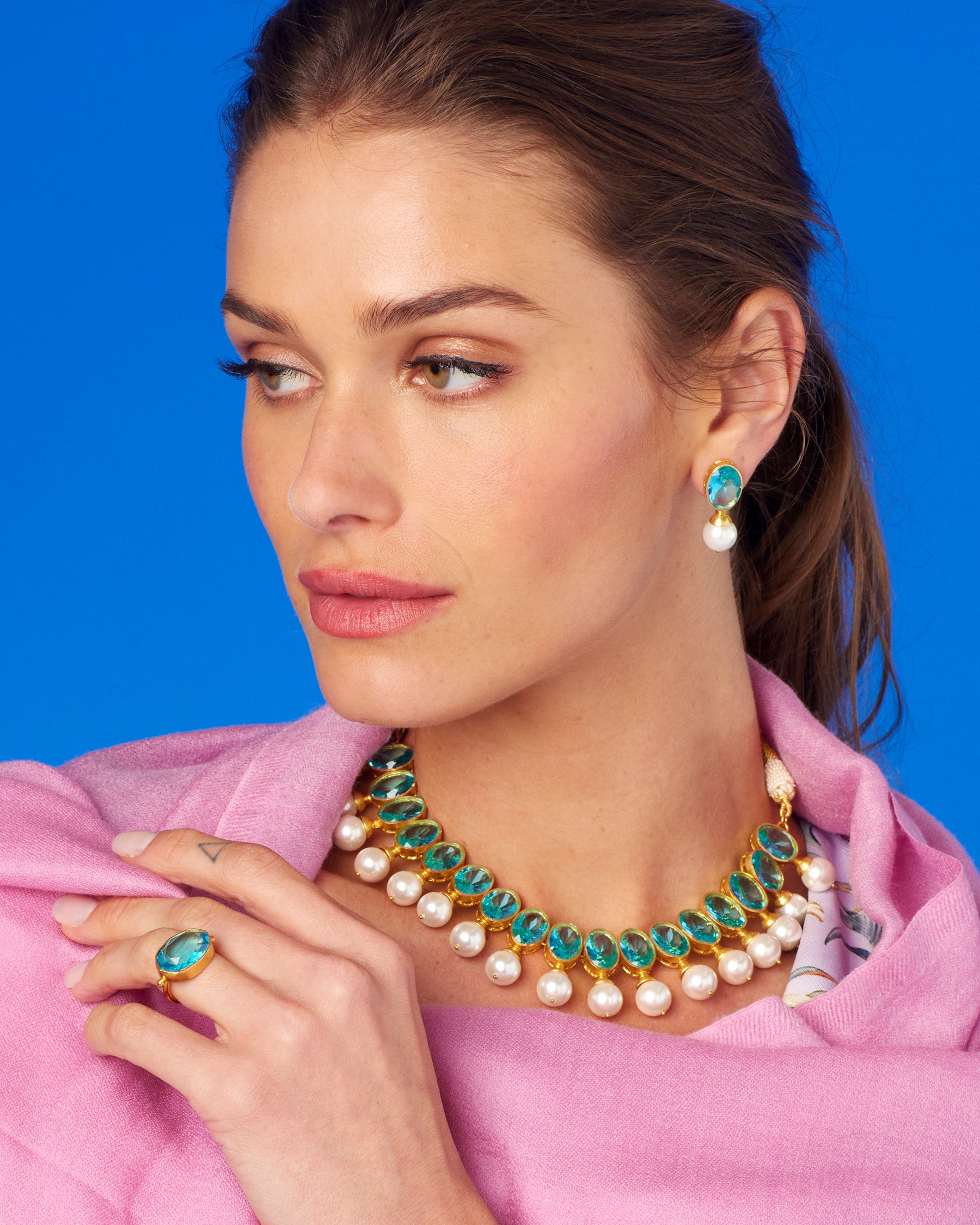 Gia Earrings in Aquamarine Crystal-Worn with the Josephine Shawl