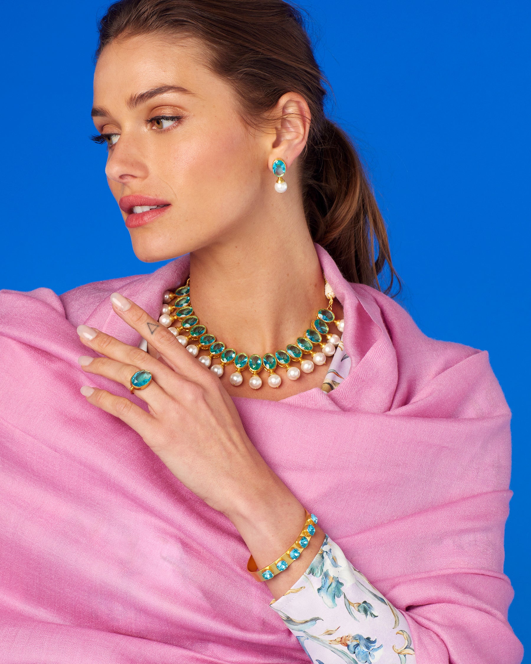 Finley Cuff Bracelet in Clear Turquoise-Worn with the Pashmina Shawl and Gia Aquamarine Crystal Necklace and Earrings