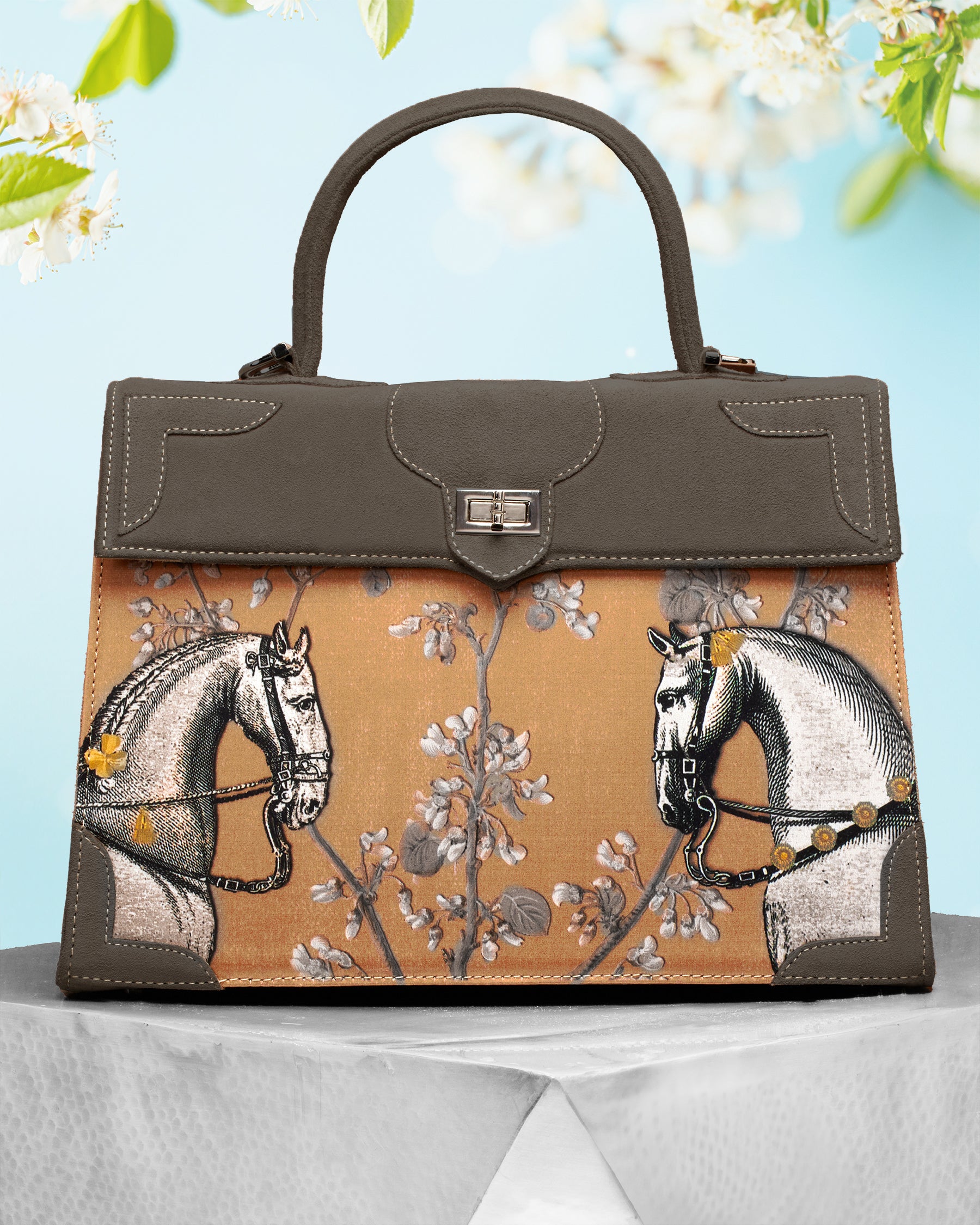 Marquise Paris Recontre Équestre Top Handle Shoulder Bag in Terracotta and Gray-front view