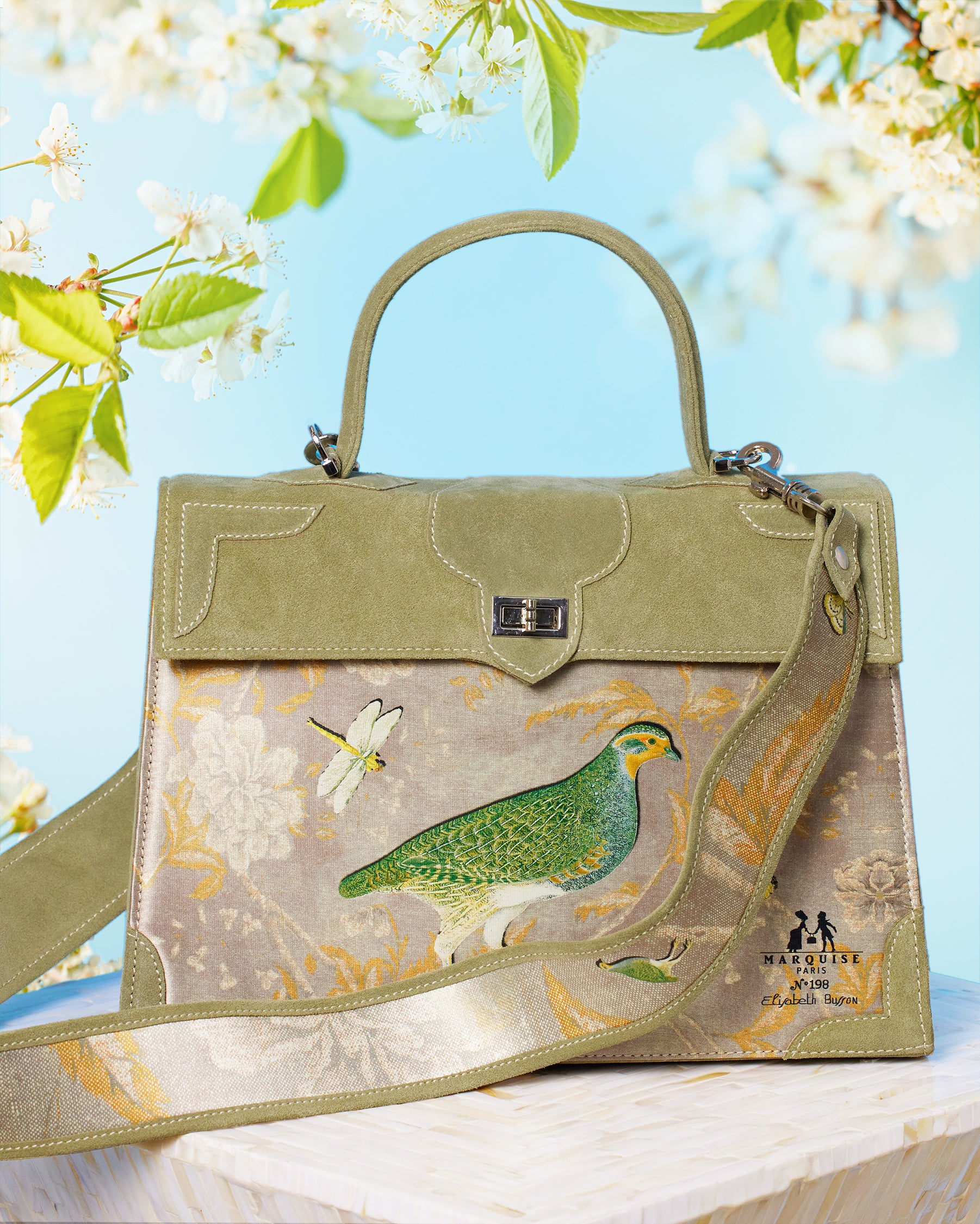 Marquise Paris Marquise Le Perdreau Top Handle Shoulder Bag in Moss Green-with shoulder strap