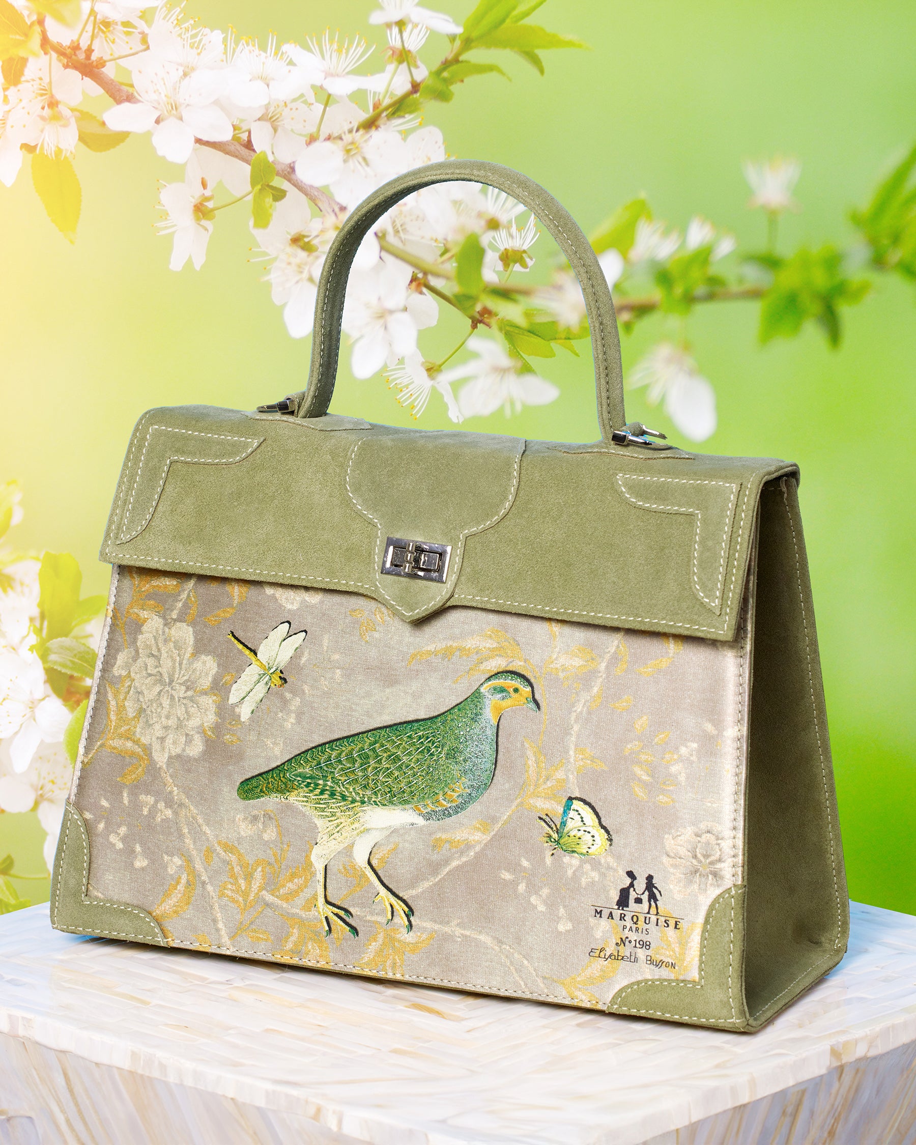 Marquise Paris Marquise Le Perdreau Top Handle Shoulder Bag in Moss Green-Three quarter view