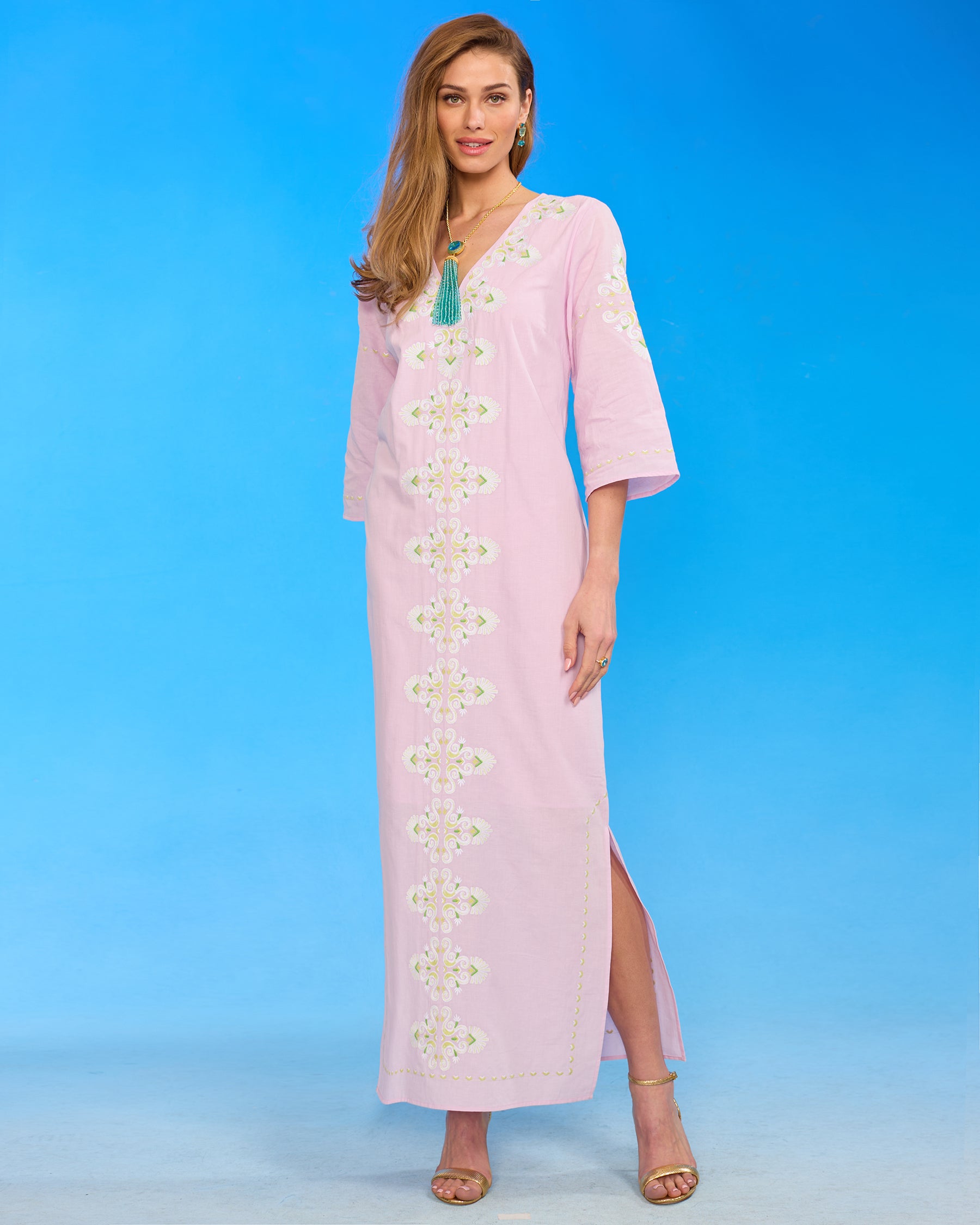 Menorca Long Kaftan Dress in Sunset Lavender front view