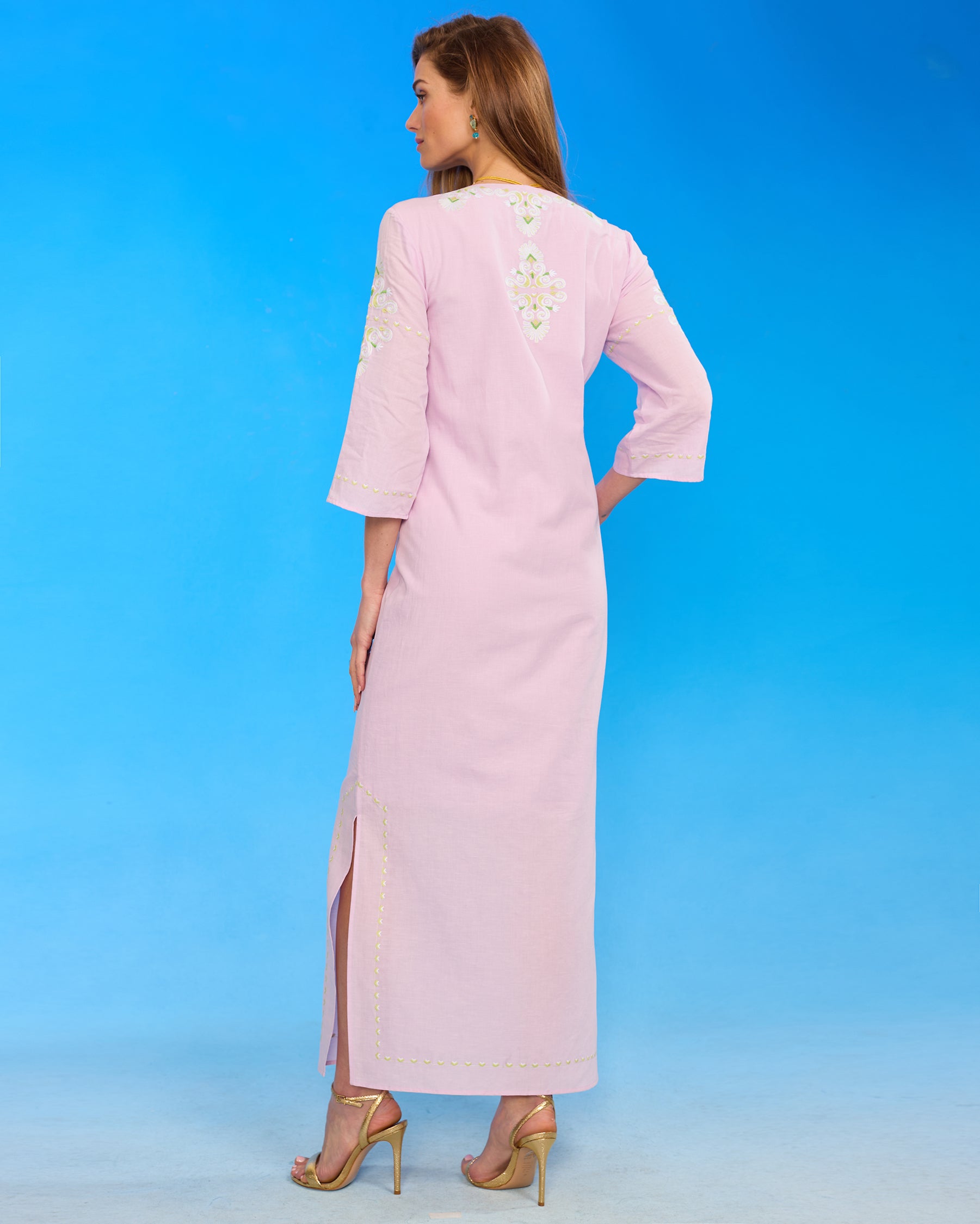 Menorca Long Kaftan Dress in Sunset Lavender back view