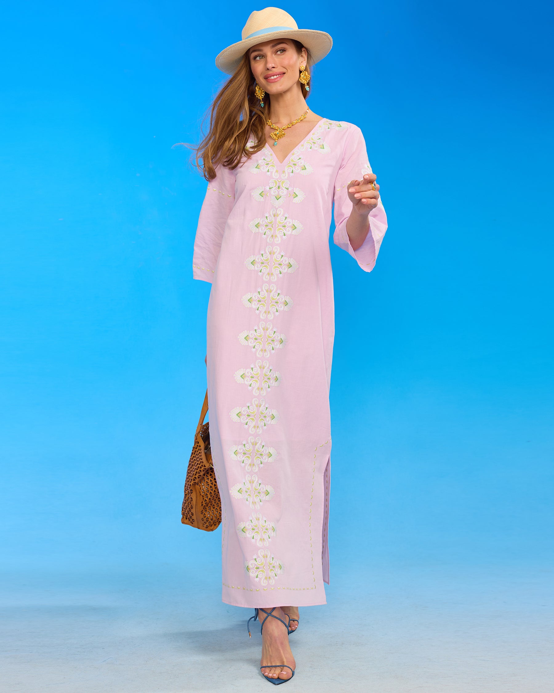 Menorca Long Kaftan Dress in Sunset Lavender walking front view