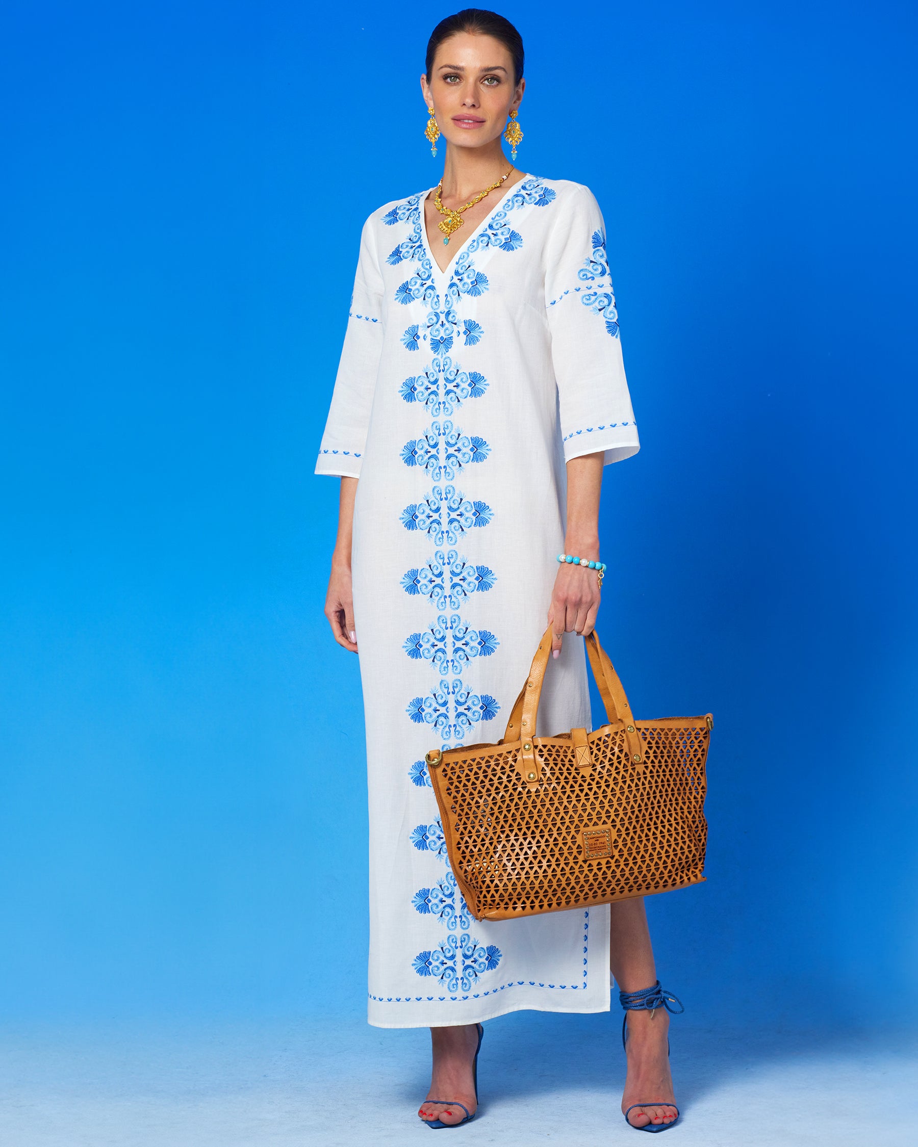 Menorca Long Kaftan Dress and Grecian Motif Embroidery-Front view with Campomaggi Leather Tote