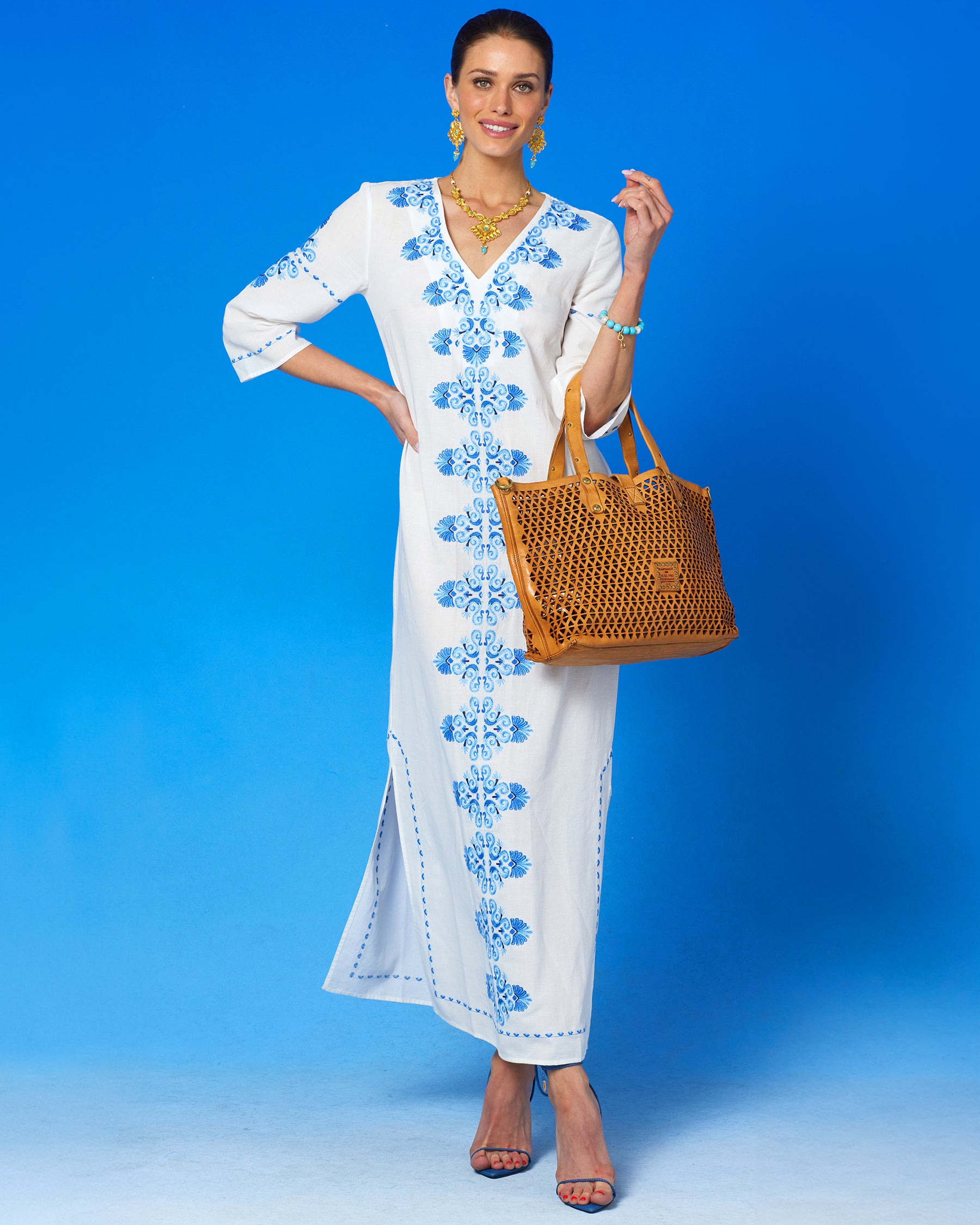Menorca Long Kaftan Dress and Grecian Motif Embroidery-Front view with Campomaggi Leather Tote