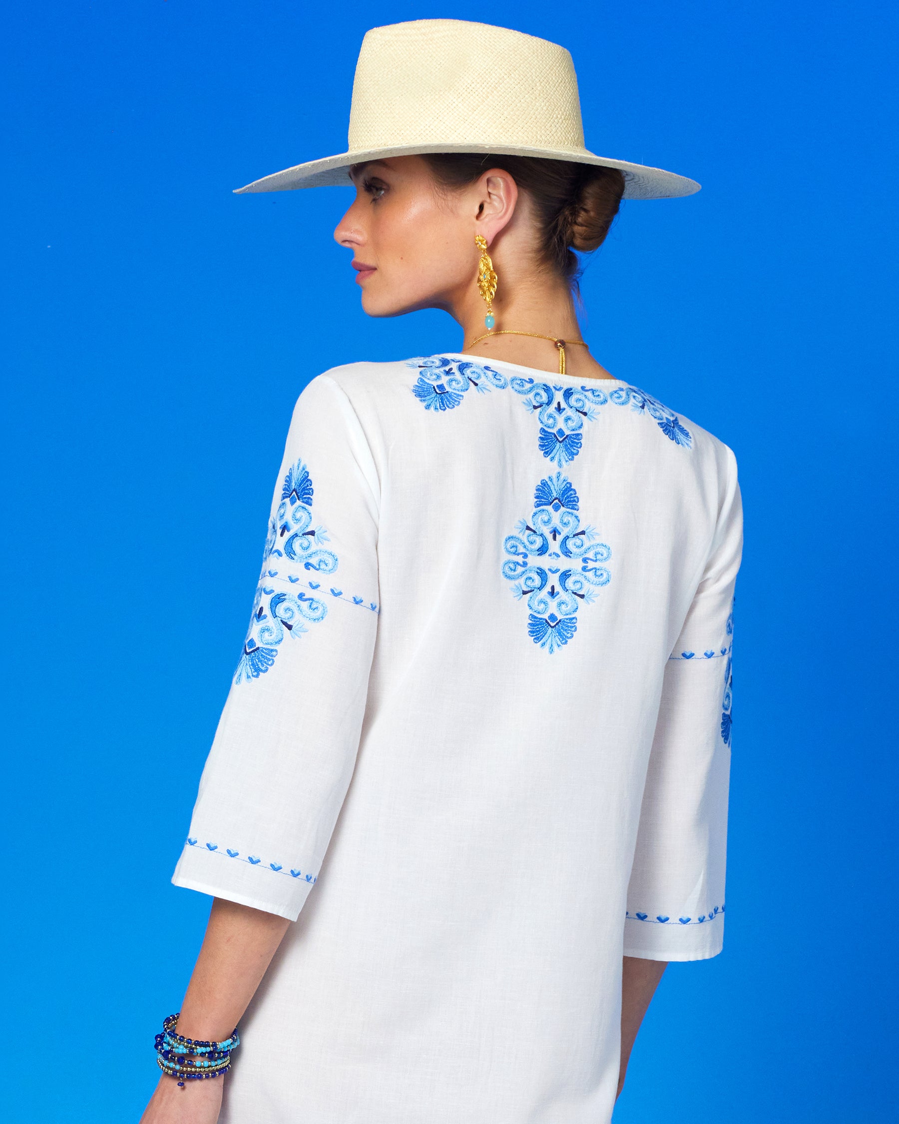 Menorca Long Kaftan Dress and Grecian Motif Embroidery-Back view detail of embroidery