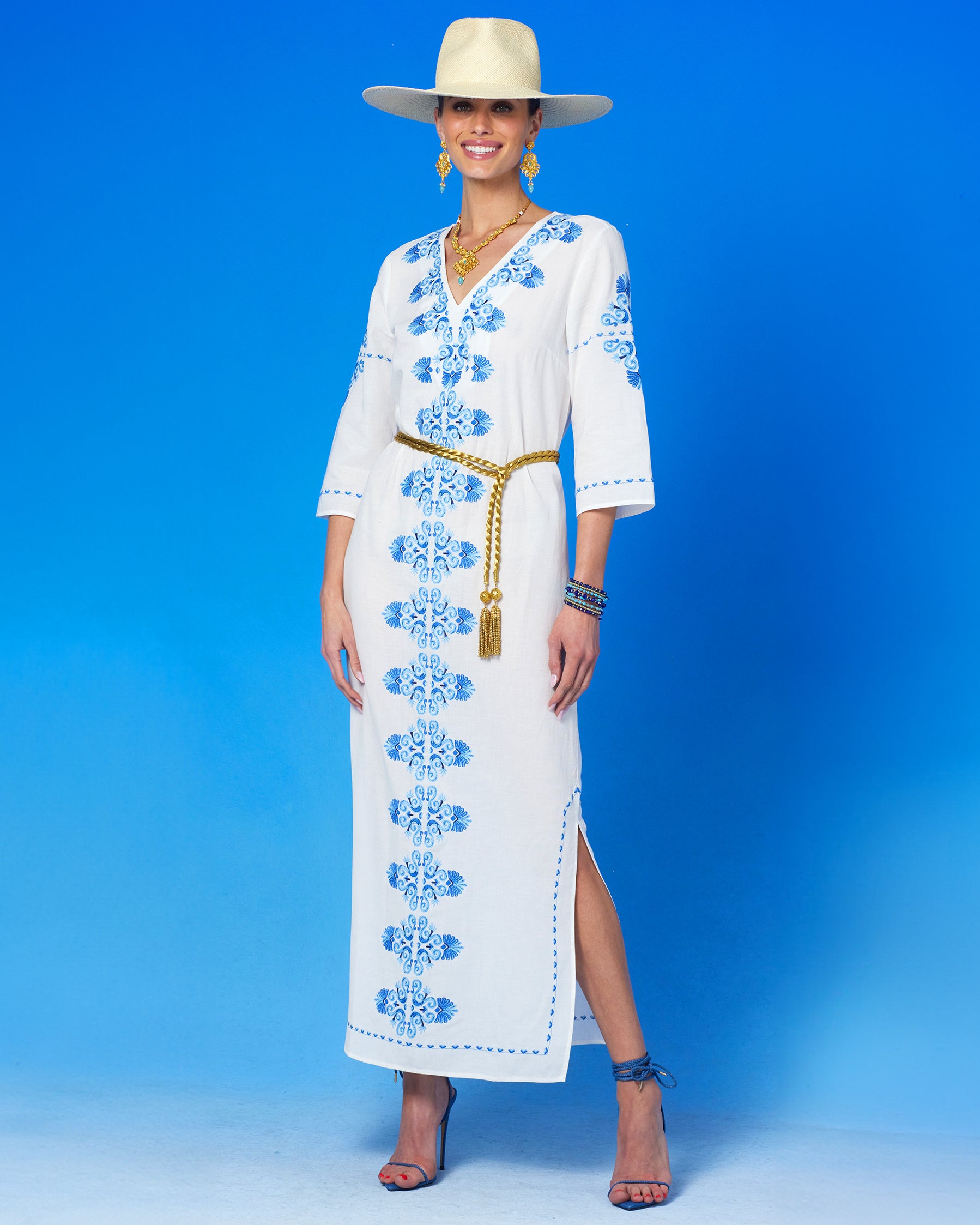 Menorca Long Kaftan Dress and Grecian Motif Embroidery-Front full view with the waist cinched with the Artemis Gold Rope Belt