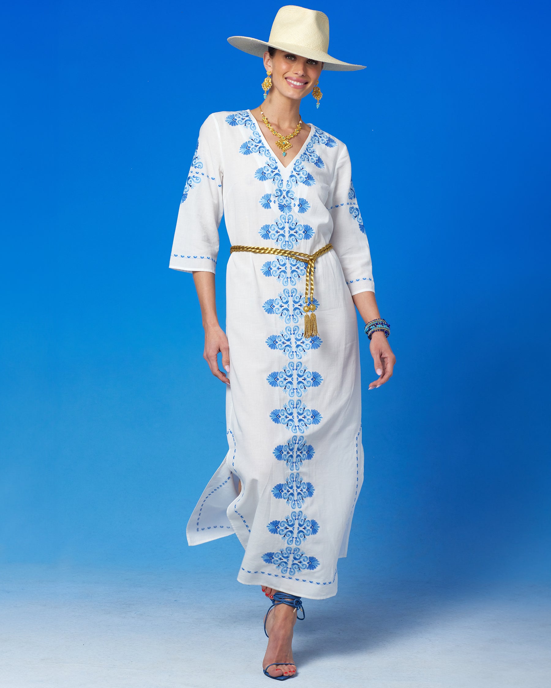 Menorca Long Kaftan Dress and Grecian Motif Embroidery-Front view walking