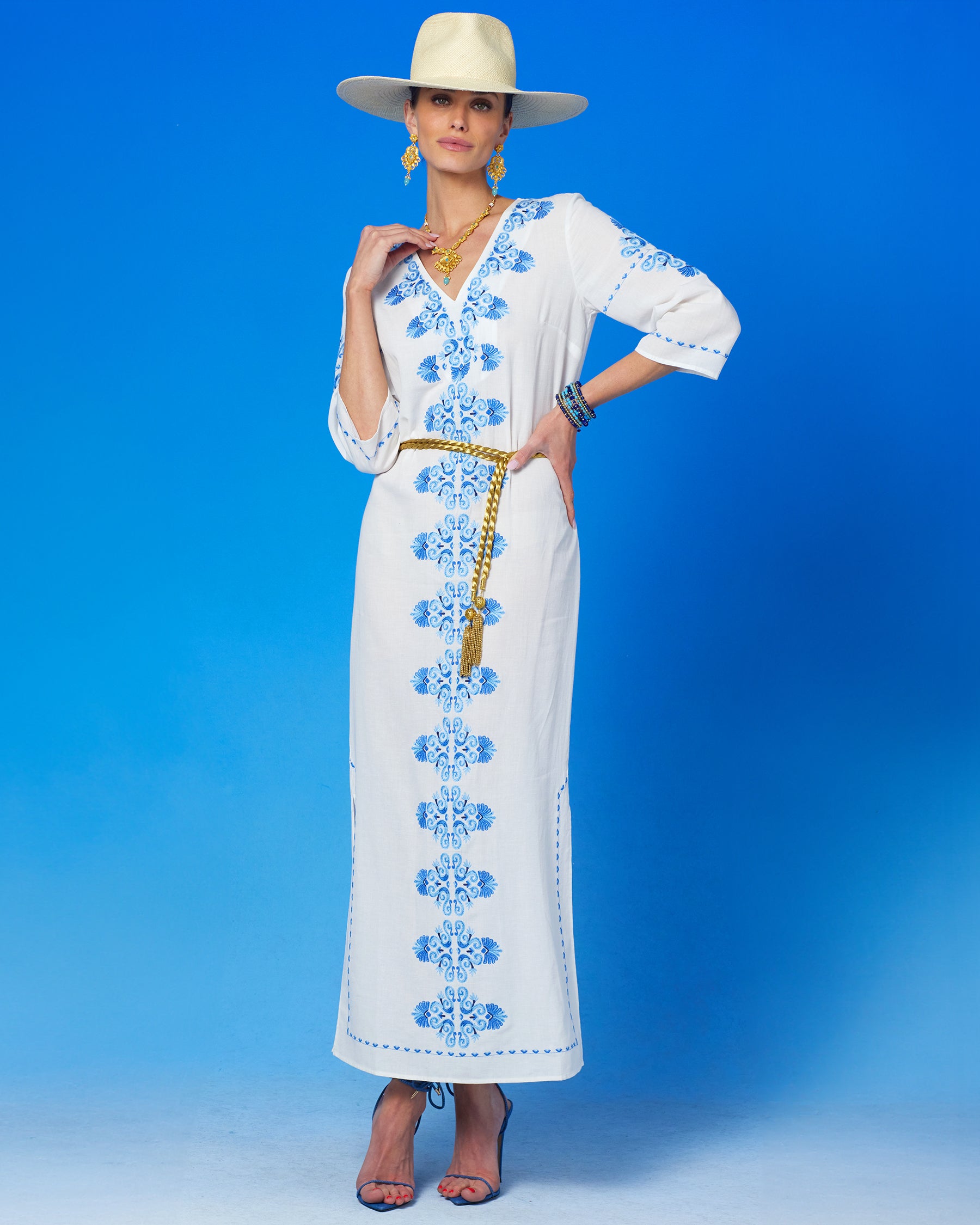 Menorca Long Kaftan Dress and Grecian Motif Embroidery-Front full view with the waist cinched with the Artemis Gold Rope Belt