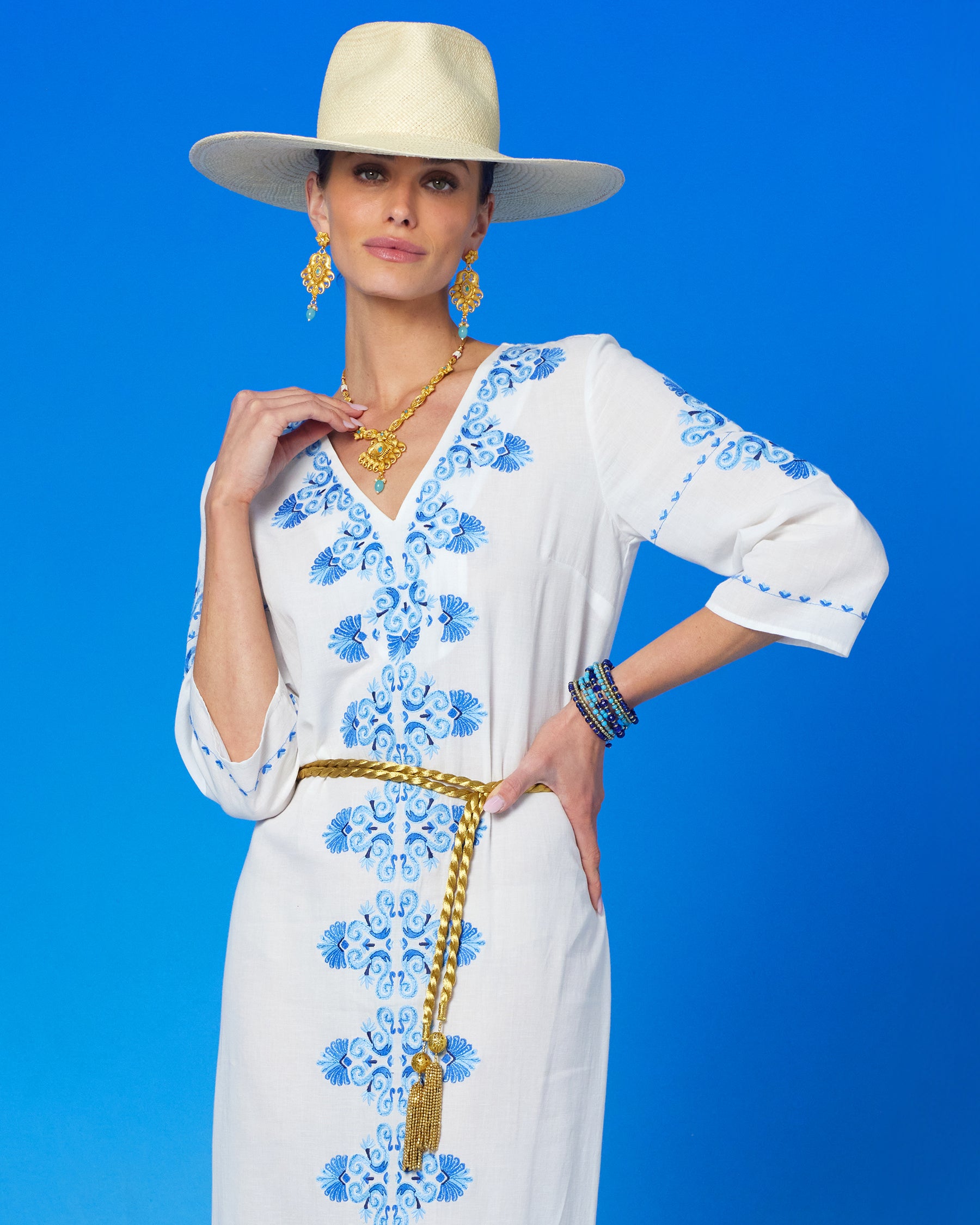 Artemis Rope Belt in Gold Beading worn with the Menorca Long Kaftan Dress and Grecian Motif Embroidery