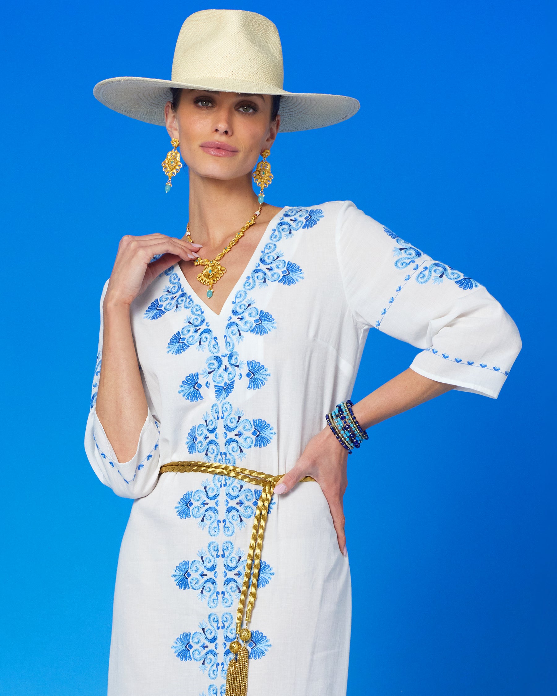 Aria Necklace in Gold Plated Filigree and Aquamarine worn with the Menorca Long Kaftan Dress and Grecian Motif Embroidery