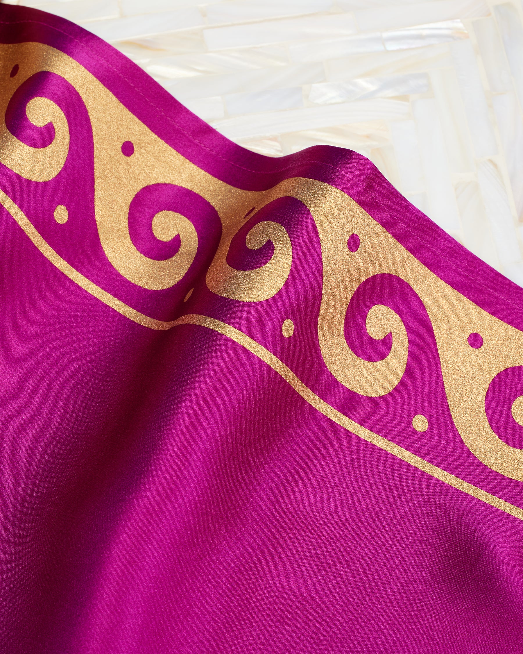 Minerva Silk Kaftan in Tyrian Purple and Gold-Detail