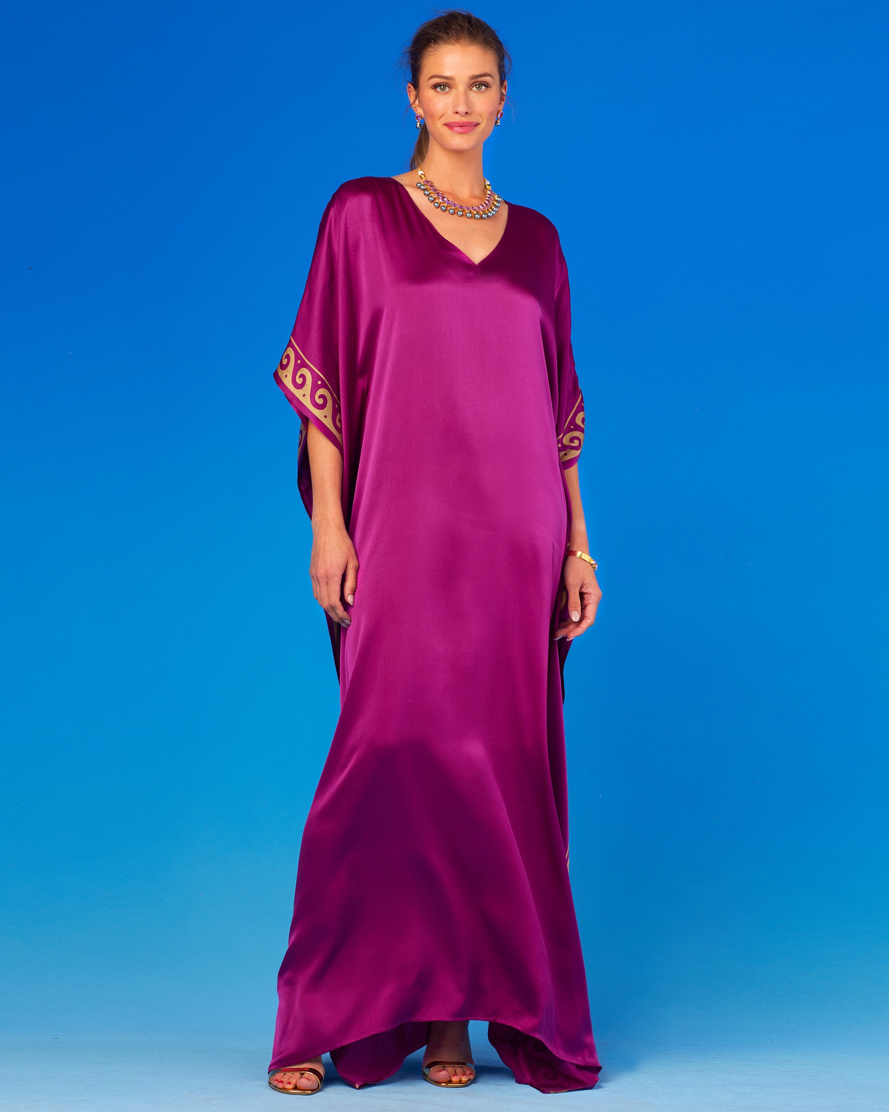 Minerva Silk Kaftan in Tyrian Purple and Gold-Front Full View