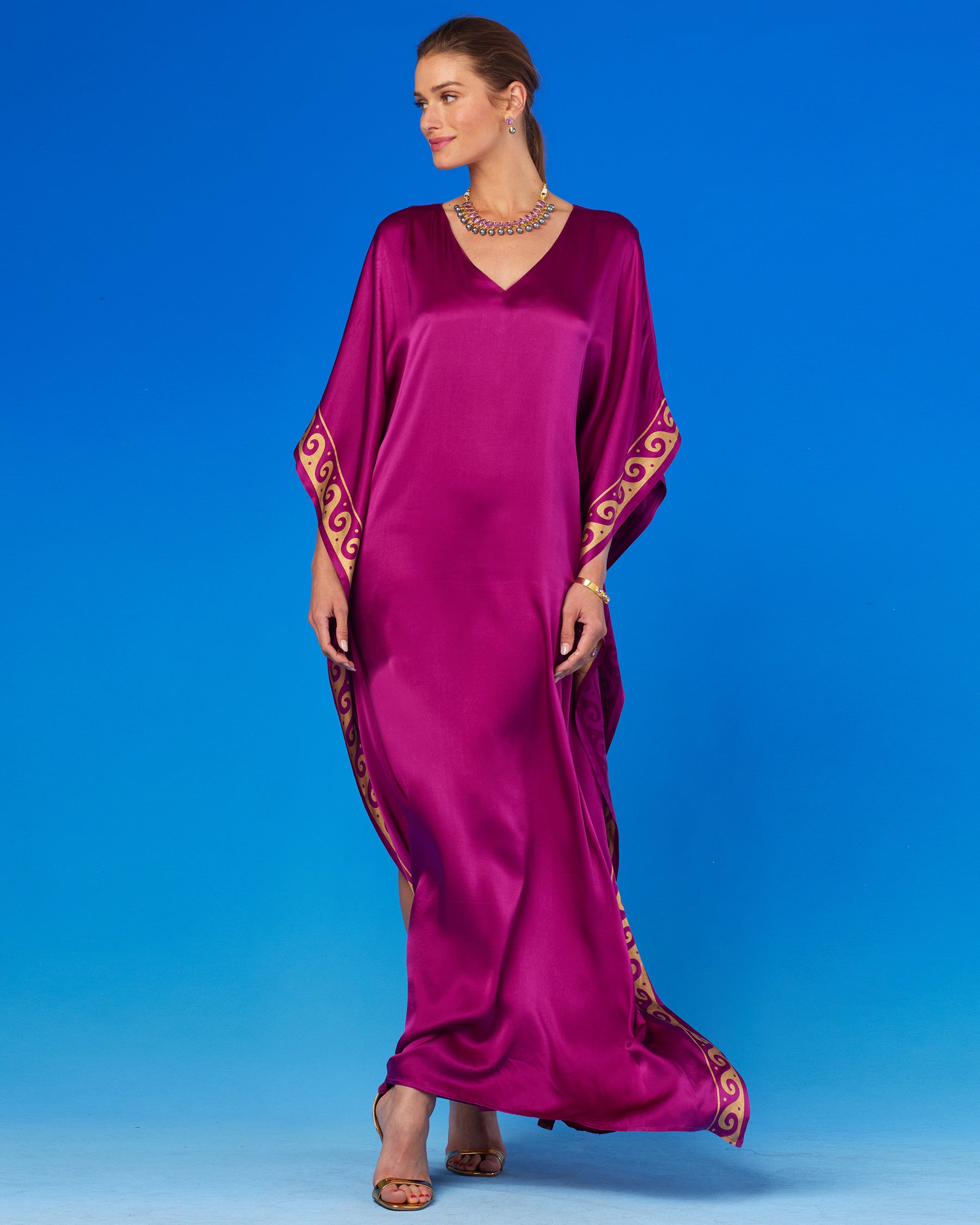 Minerva Silk Kaftan in Tyrian Purple and Gold-Front View